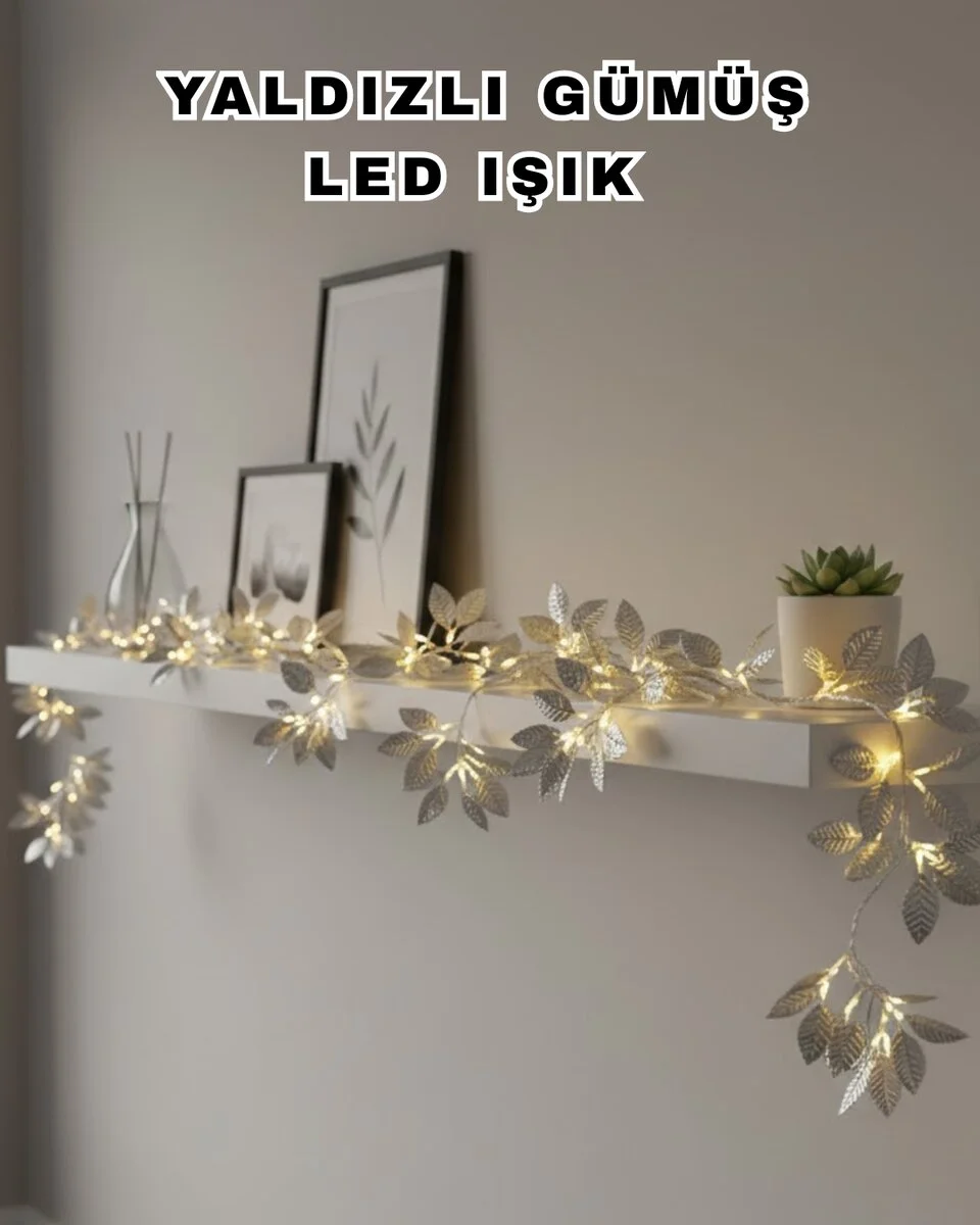 Yaldızlı Gümüş Yaprak LED Işık Pilli Dekoratif Ortam ve Yılbaşı Aydınlatması
