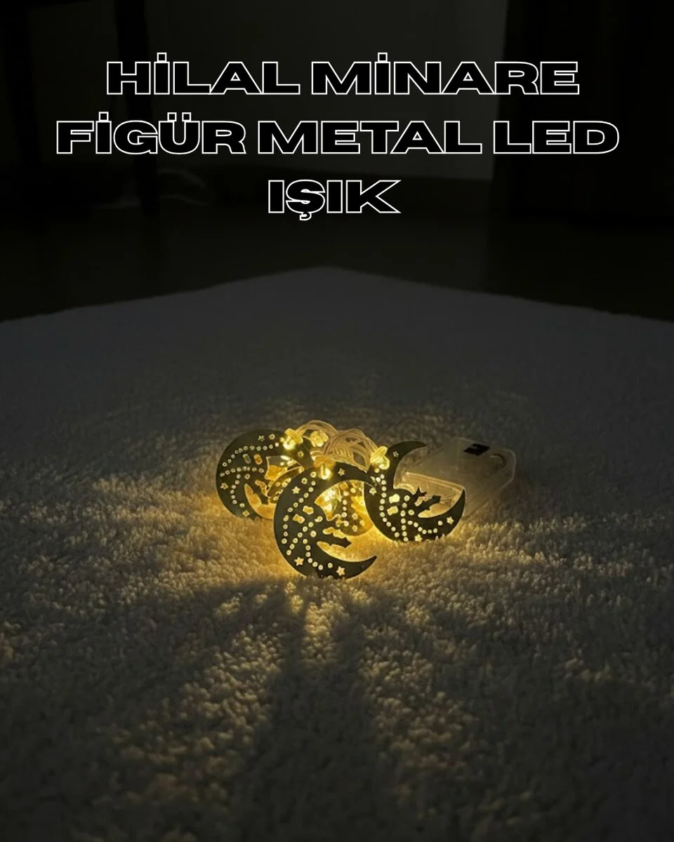 Gold Renk Metal Minareli Hilal LED Işık Pilli Ramazan Süsü