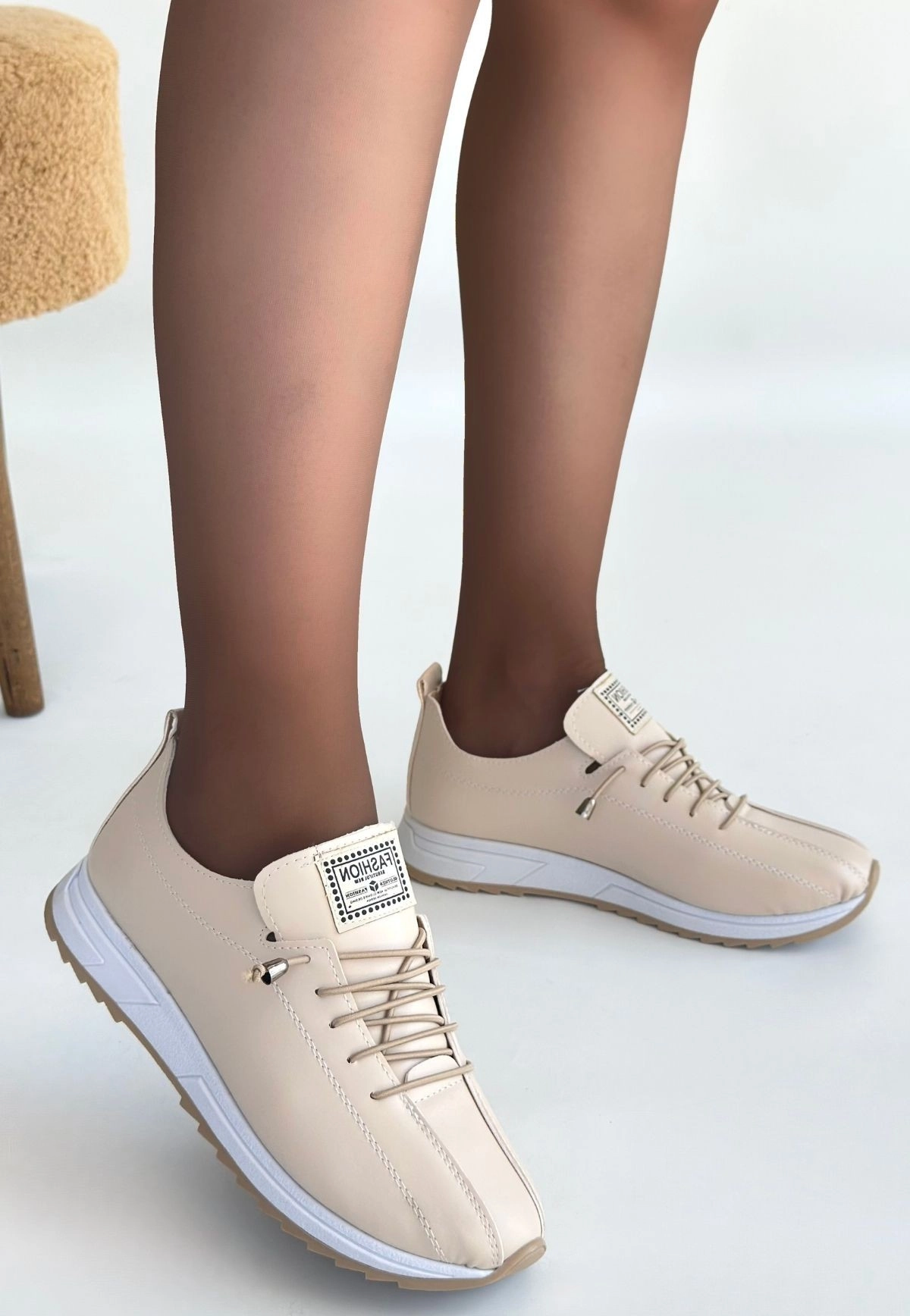 Monya Bej Cilt Bağcıklı Spor Ayakkabı