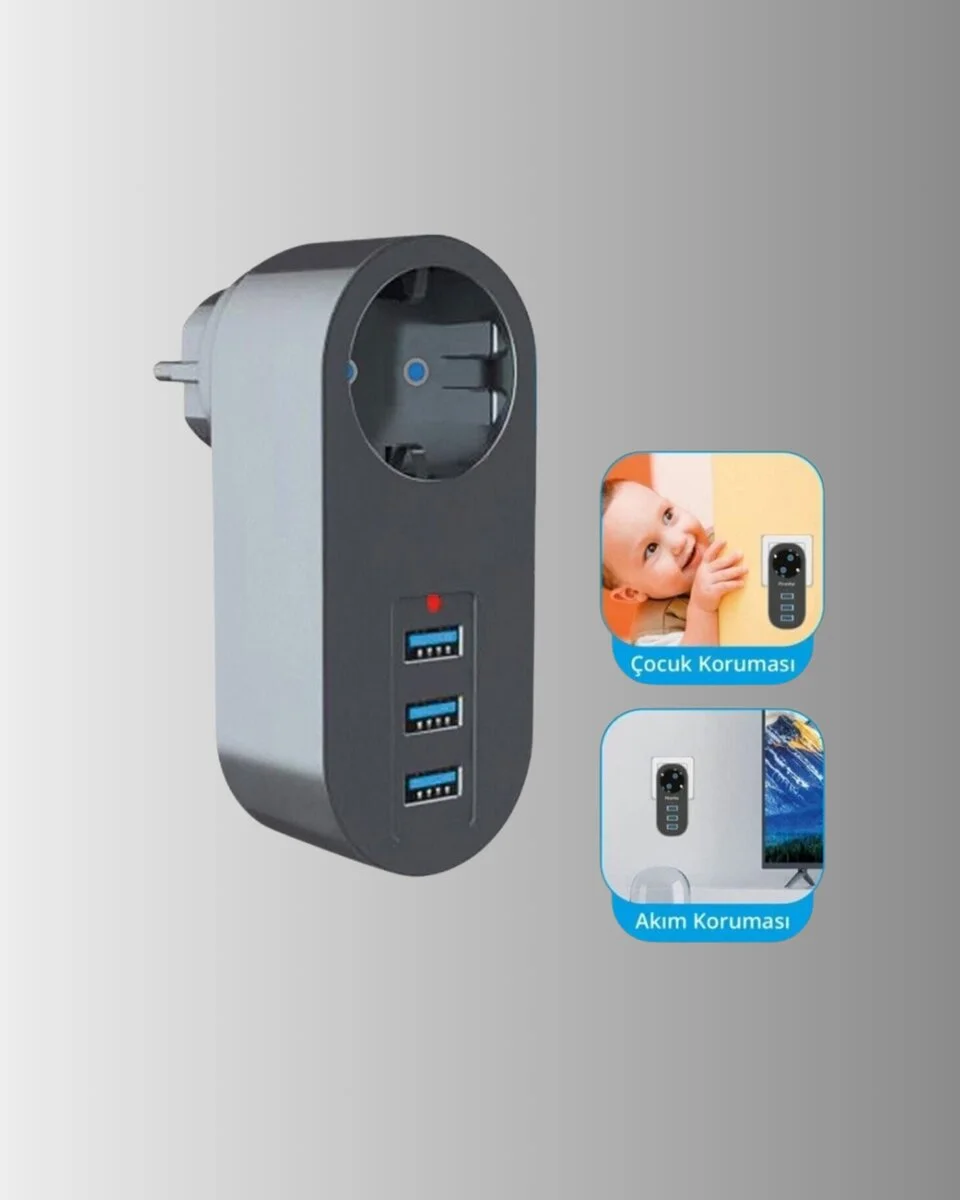 Akım Korumalı USB’li Priz – Güçlü 2500W Isı ve Çocuk Koruması