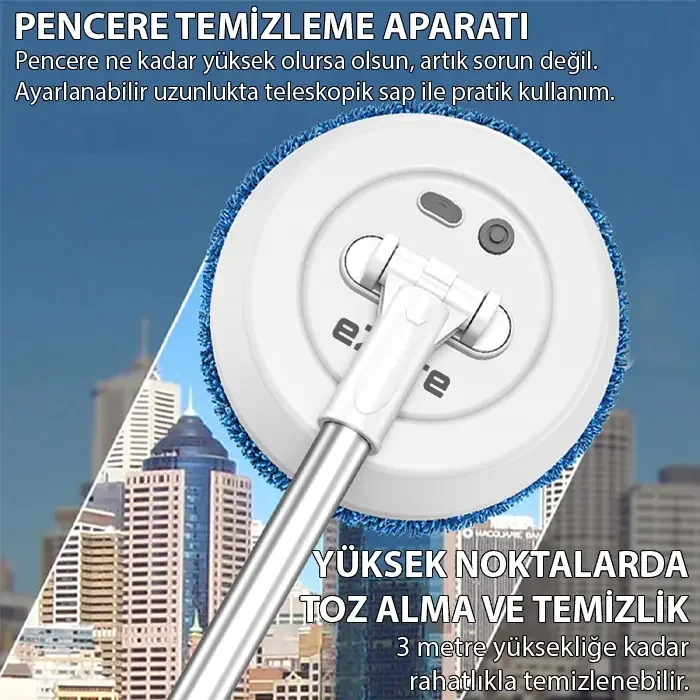 EZERE AA102 Pro Teleskopik Kablosuz Döner Temizlik Fırçası – Cam Tavan Zemin Uyumlu-(5775)