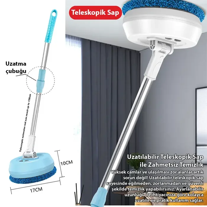 EZERE AA102 Pro Teleskopik Kablosuz Döner Temizlik Fırçası – Cam Tavan Zemin Uyumlu-(5775)