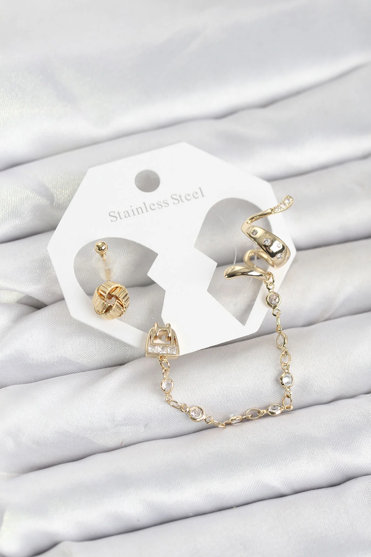 Pirinç Gold Renk Yılan Model Zincir Bağlantılı Ear Cuff Küpe Seti