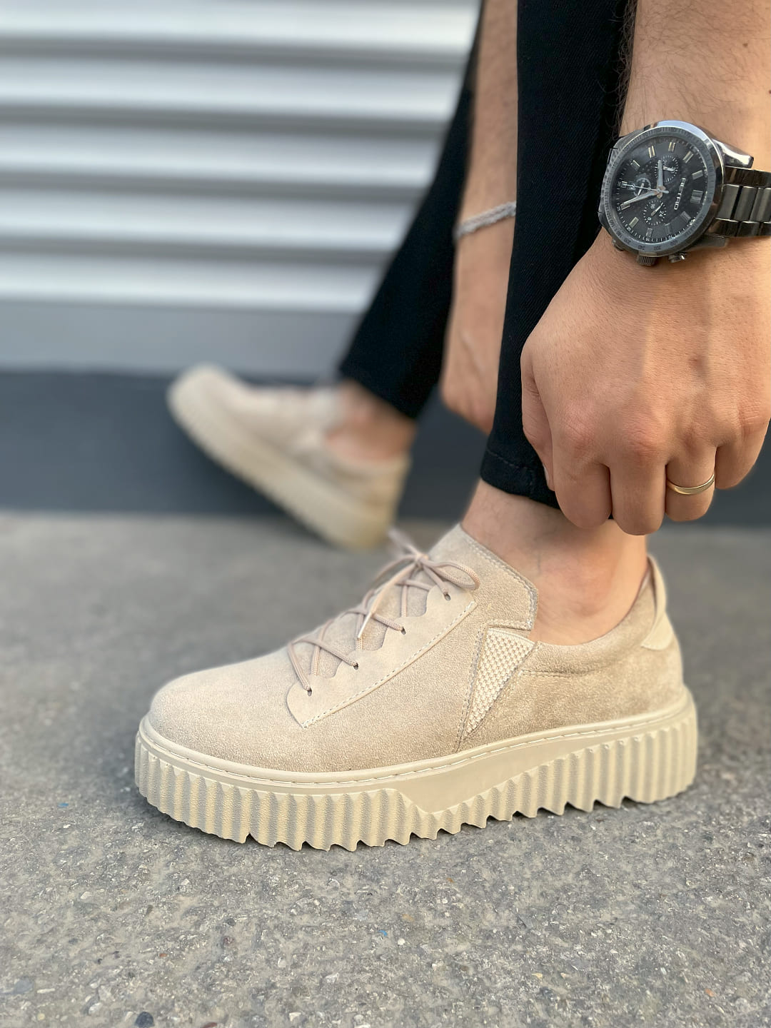 JY502 Bold Bağcıklı Süet Erkek Günlük Sneaker Ayakkabı SKT - Krem