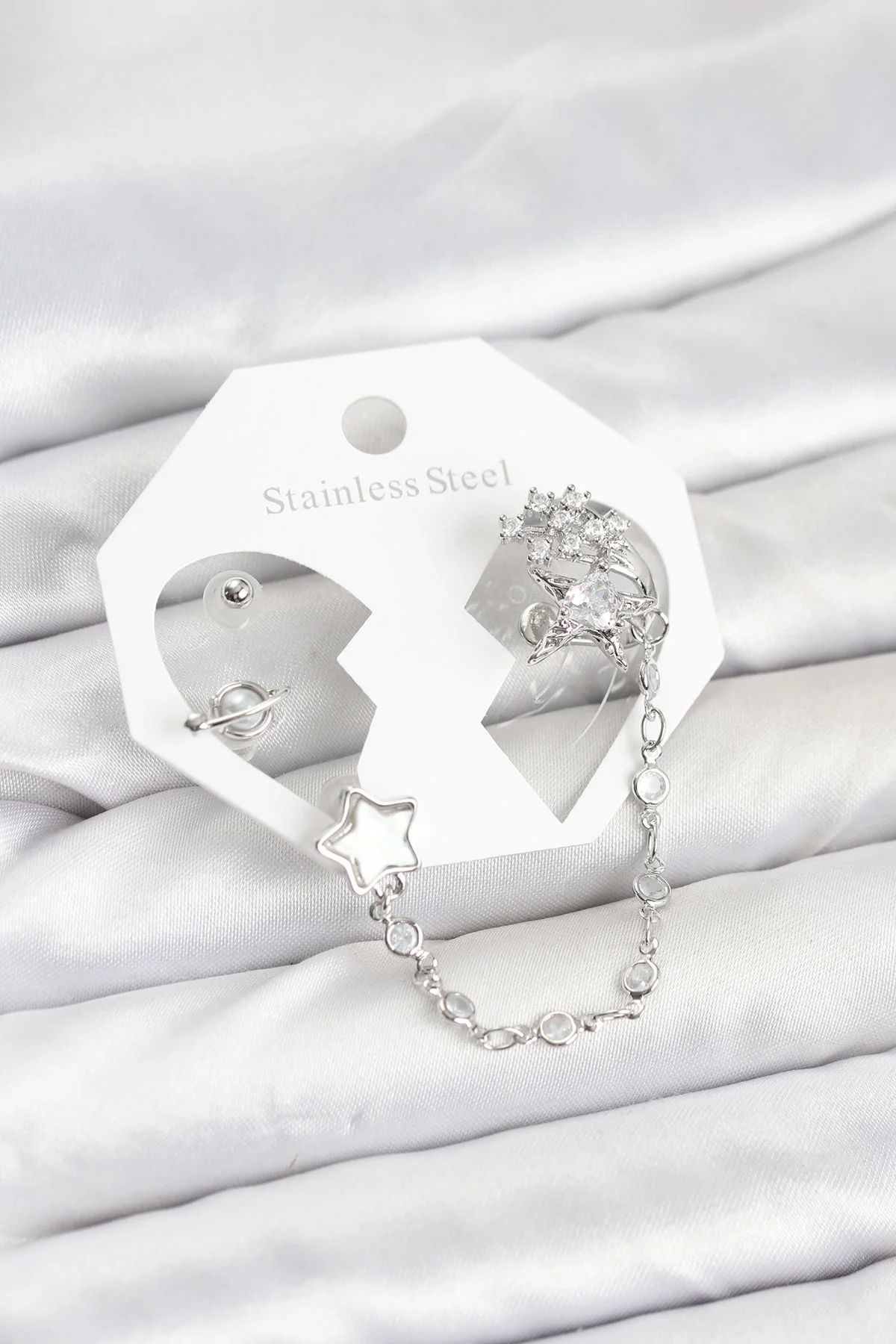 Pirinç Gümüş Renk Yıldız Model Zincir Bağlantılı Ear Cuff Küpe Seti