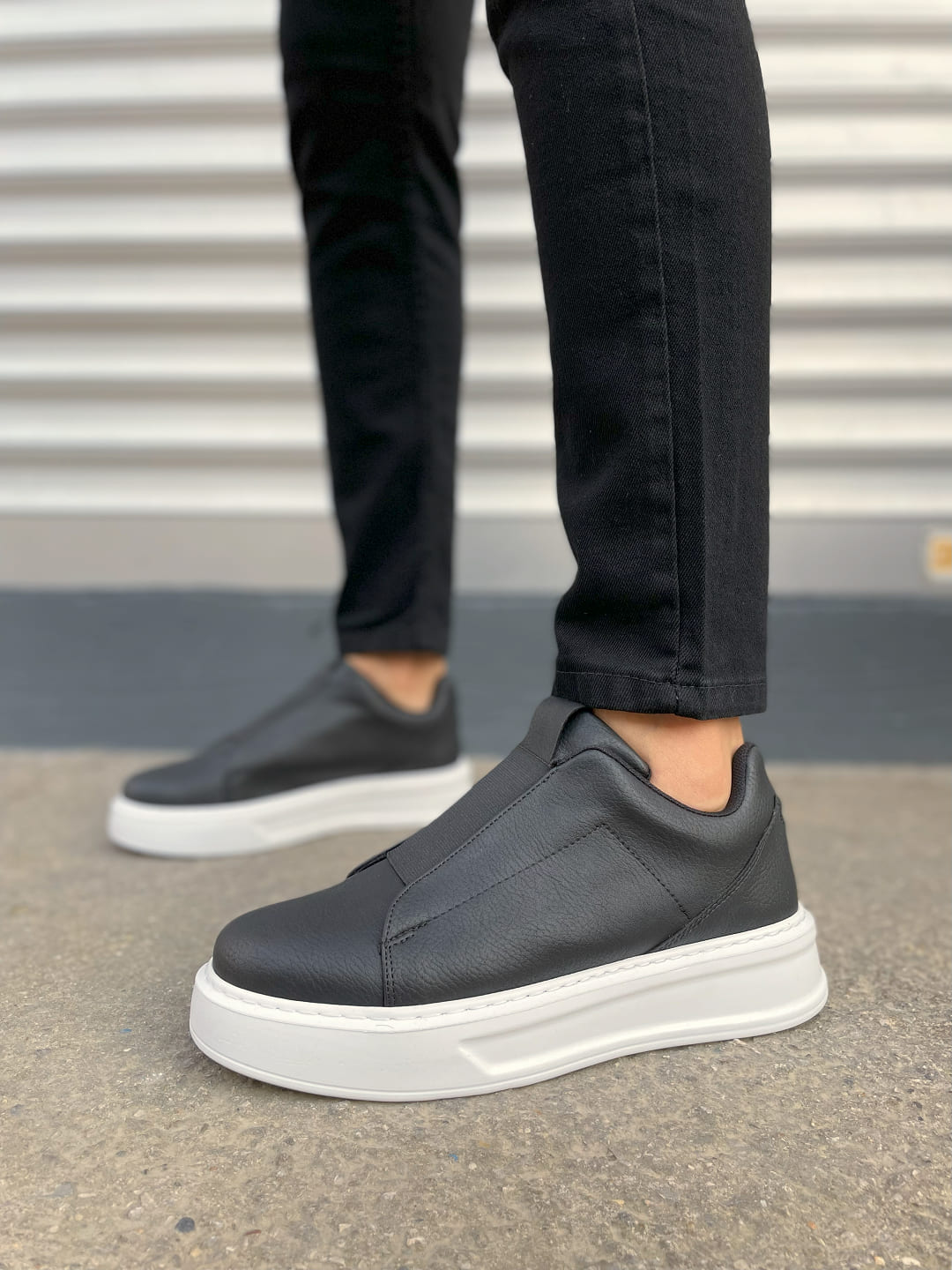 JY144 Volt Bağcıklı Cilt Erkek Günlük Sneaker Yüksek Taban Ayakkabı CST Siyah