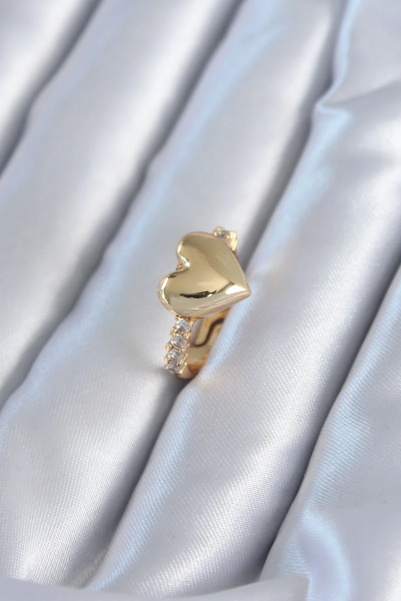 Gold Renk Pirinç Zirkon Taşlı Kalp Model Kadın Yüzük 5886
