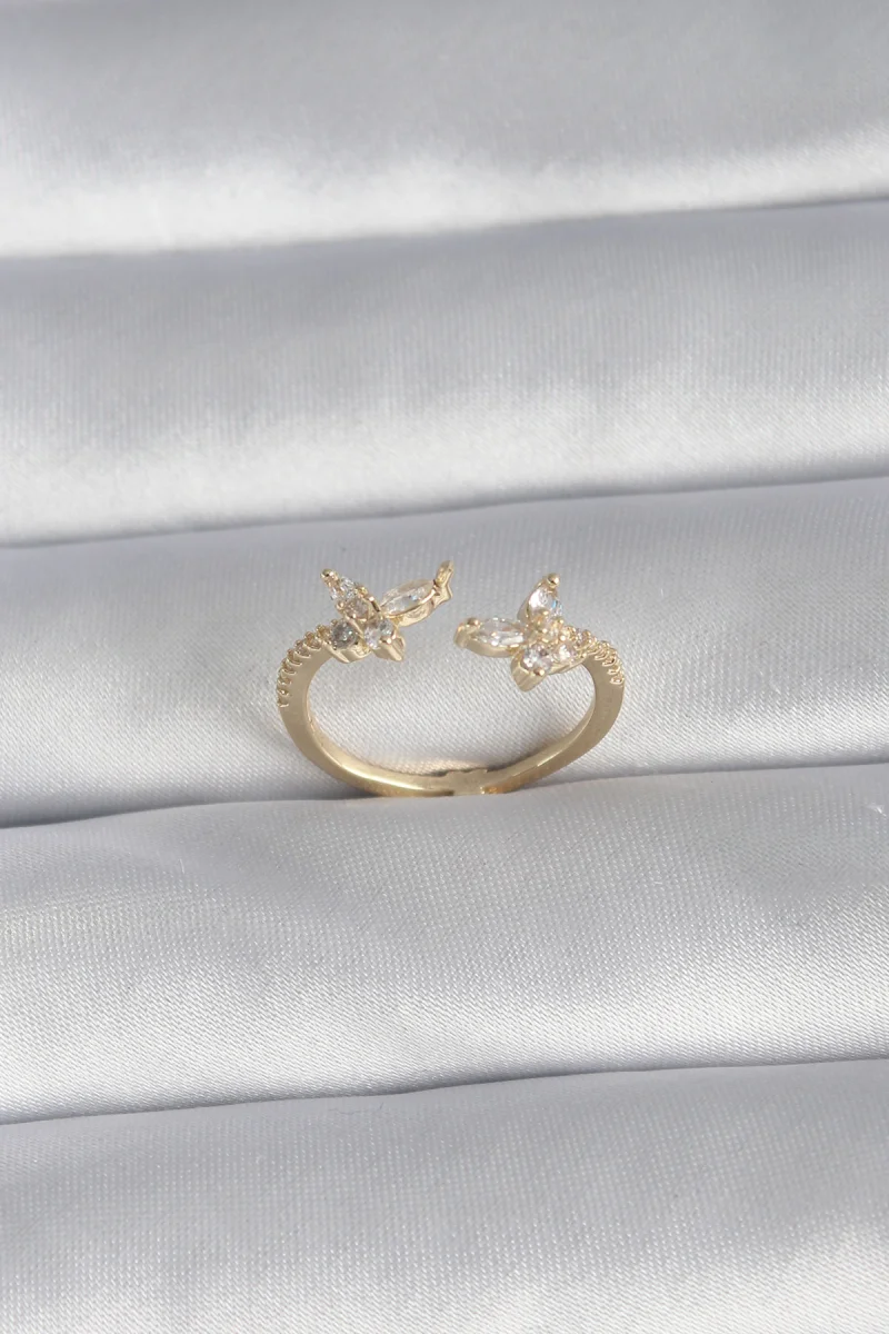 Pirinç Gold Renk Zirkon Taşlı Kelebek Model Kadın Yüzük 5886