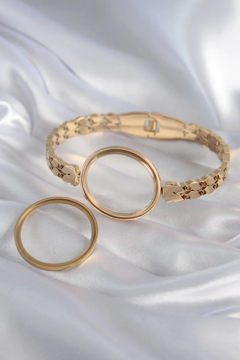 316L Çelik Gold Renk Arpa İşleme Açılabilir Fanus Model Kadın Kelepçe 5886