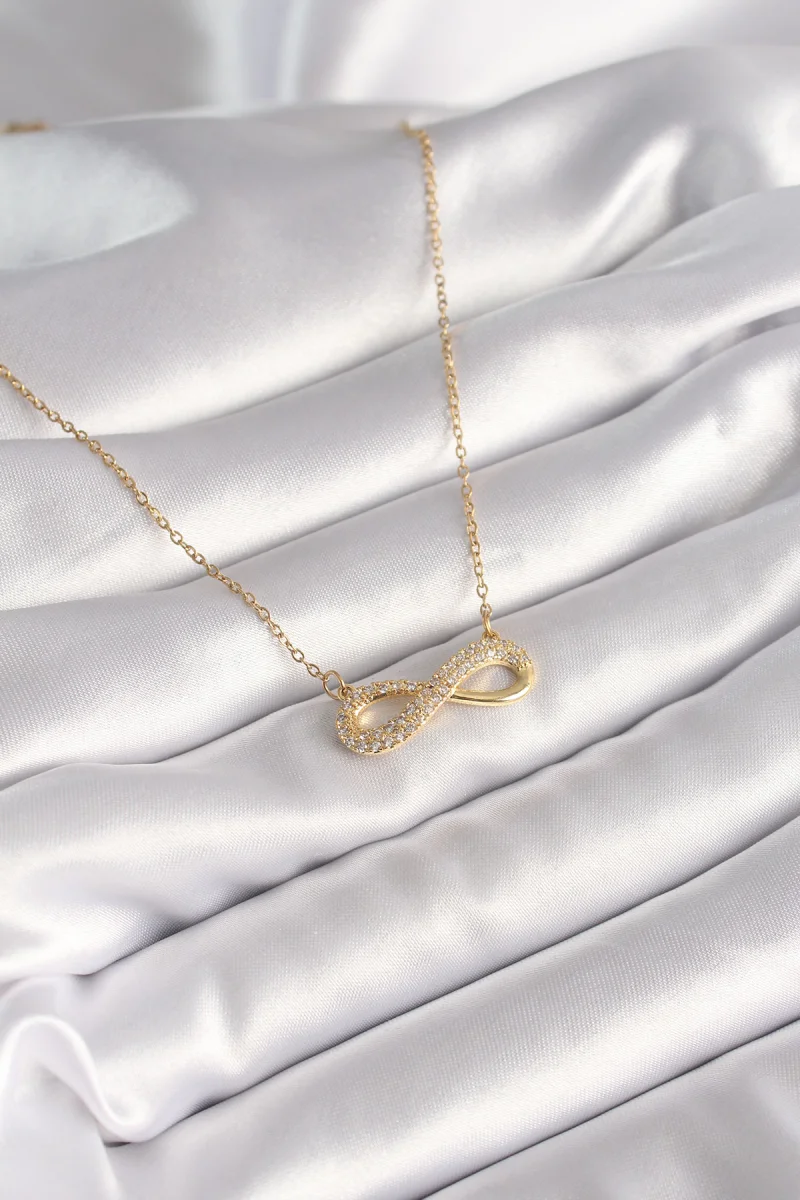 316L Çelik Gold Renk Zincir Zirkon Taşlı Sonsuzluk Model Kadın Kolye 5886