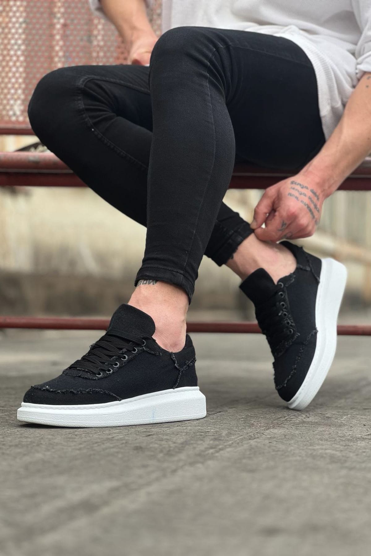 JY018 Dexo Erkek Günlük Bağcıklı Kot Kumaş Spor Sneaker Ayakkabı TBT - Siyah