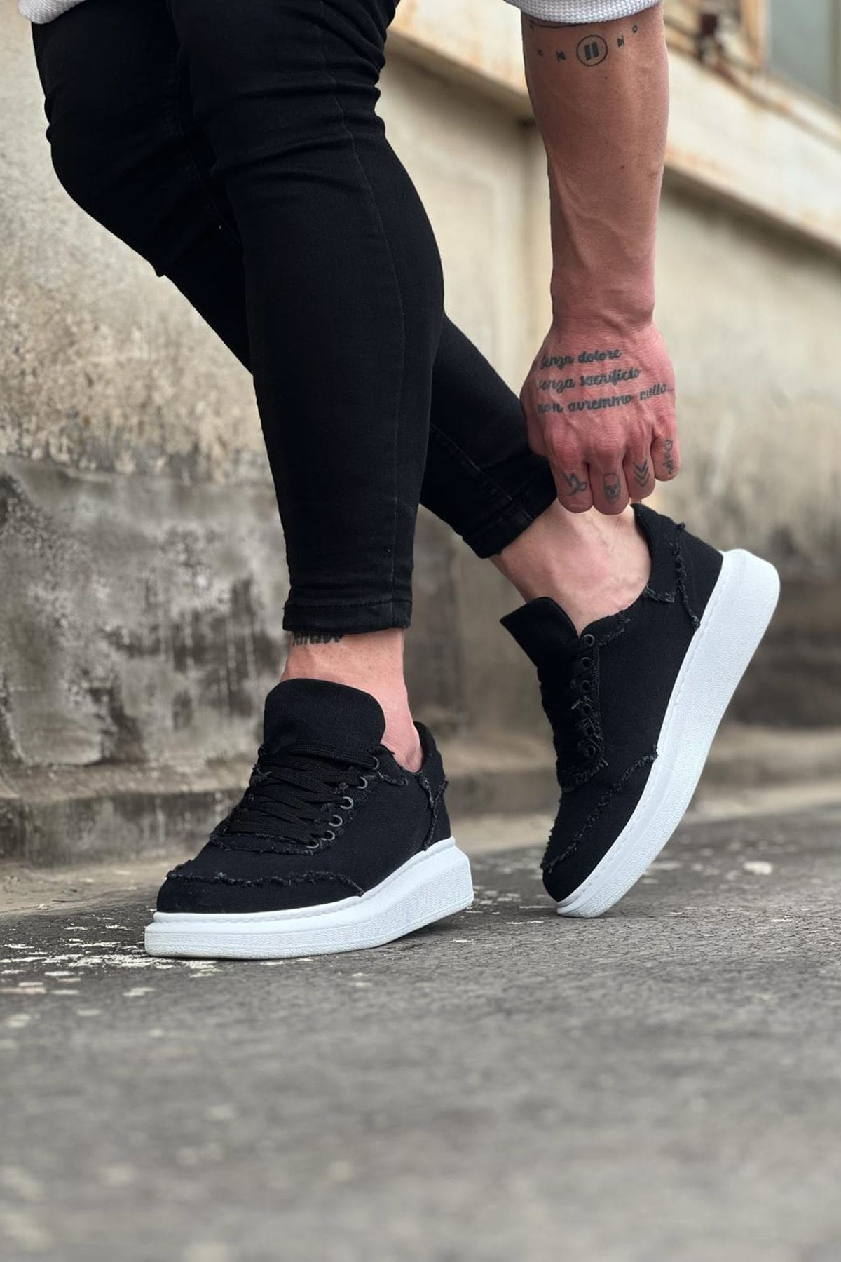 JY018 Dexo Erkek Günlük Bağcıklı Kot Kumaş Spor Sneaker Ayakkabı TBT - Siyah