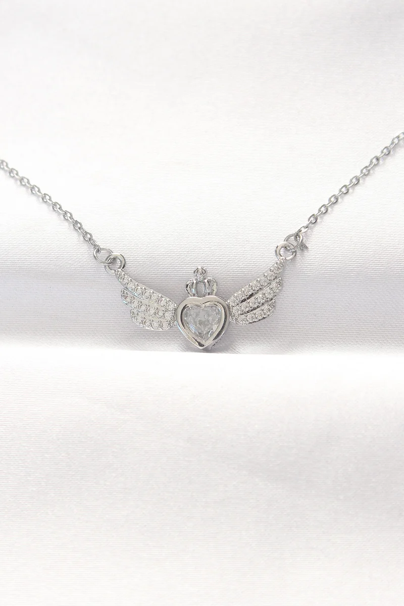316L Çelik Silver Renk Zirkon Taşlı Kalpli Kanat Kolye 5886