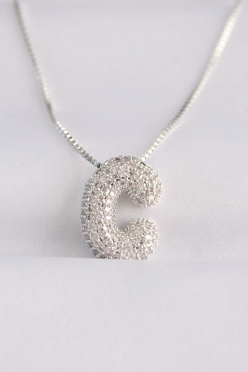 316L Çelik Zincirli Zirkon Taşlı C Harfli Silver Renk Bubble Kolye 5886