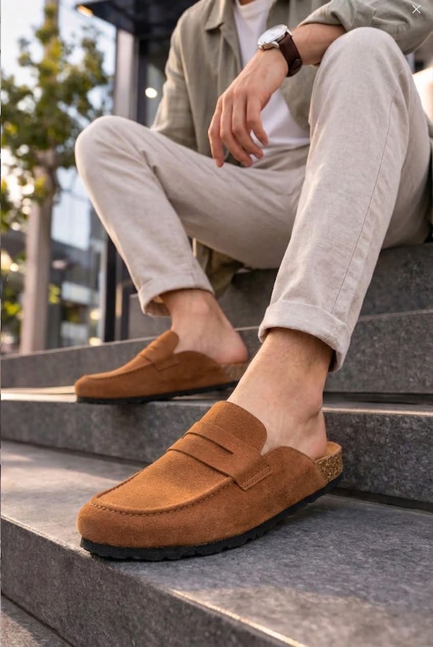 JY0456 Rayn Bağcıksız Hakiki Süet Deri Erkek Günlük Mantar Taban Loafer Klasik Ayakkabı HDMT - Taba