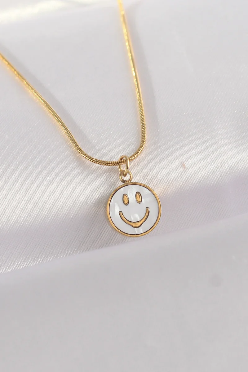 316L Çelik Zincir Altın Renk Mermer Desenli Minimal Smile Kolye 5886