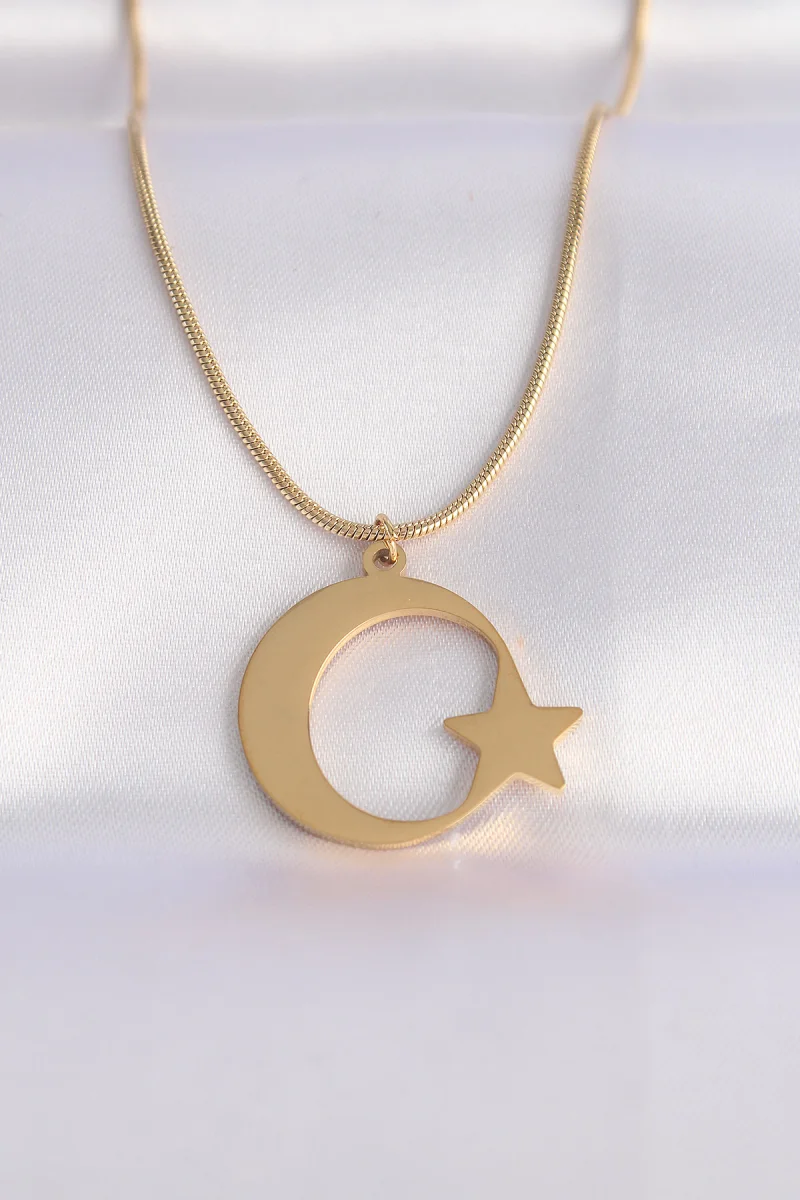 316L Çelik Zincir Gold Renk Ay Yıldız Unisex Kolye 5886