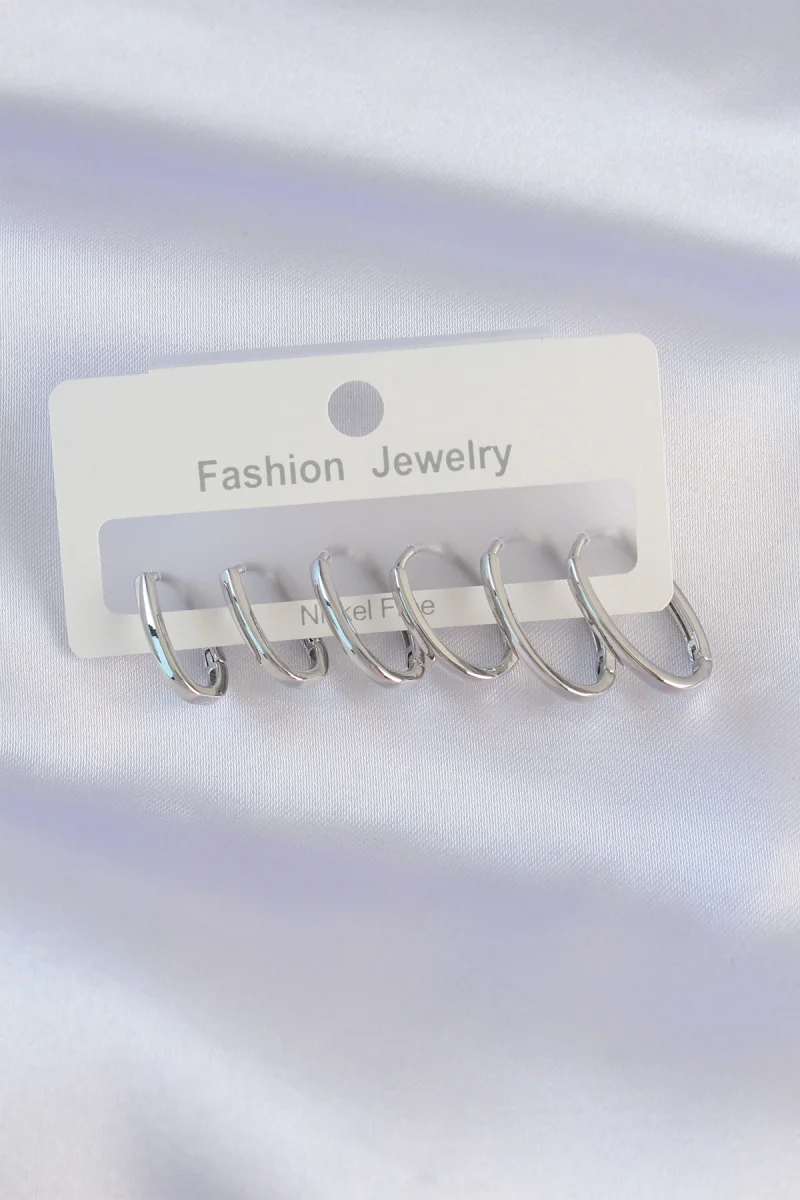 Pirinç Gümüş Renk İnce Oval Küpe Seti 5886