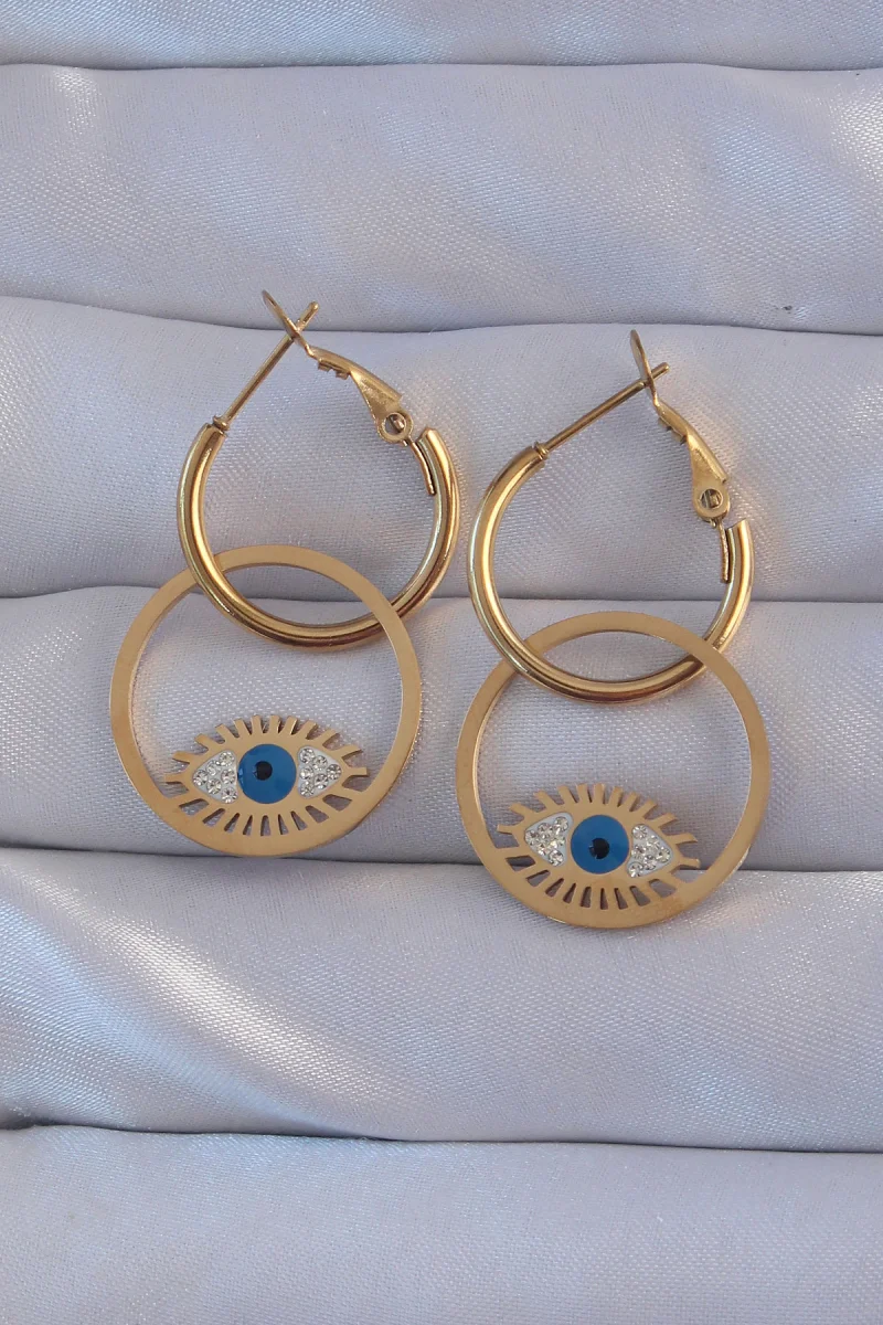 316L Çelik Gold Renk Zirkon Taşlı Mavi Göz Tasarımlı Halka Küpe 5886