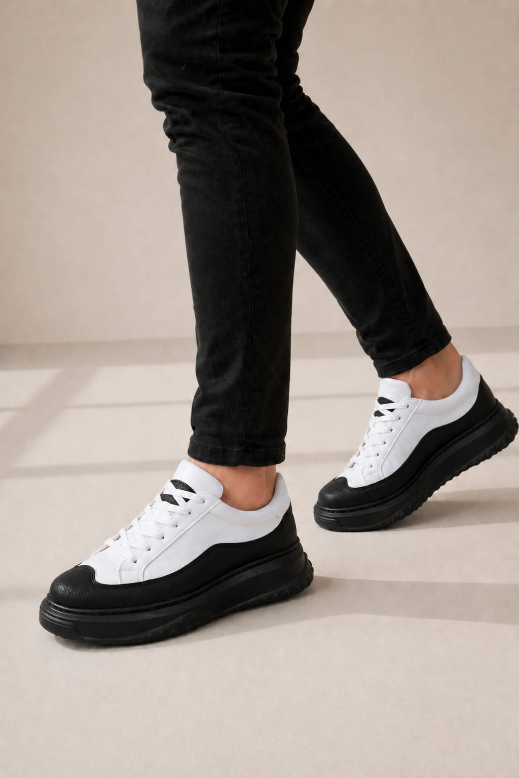 JY507 Dara Bağcıklı Cilt Erkek Günlük Sneaker Ayakkabı CST Beyaz/Siyah