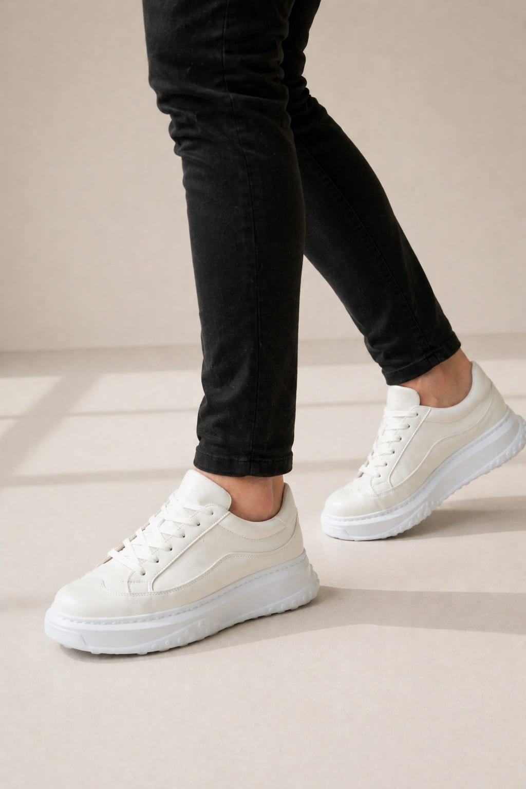 JY507 Dara Bağcıklı Cilt Erkek Günlük Sneaker Ayakkabı CBT Beyaz