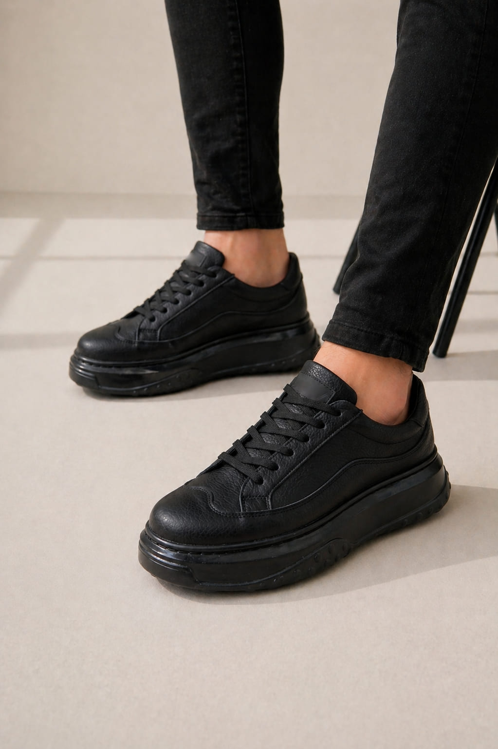 JY507 Dara Bağcıklı Cilt Erkek Günlük Sneaker Ayakkabı CST Siyah
