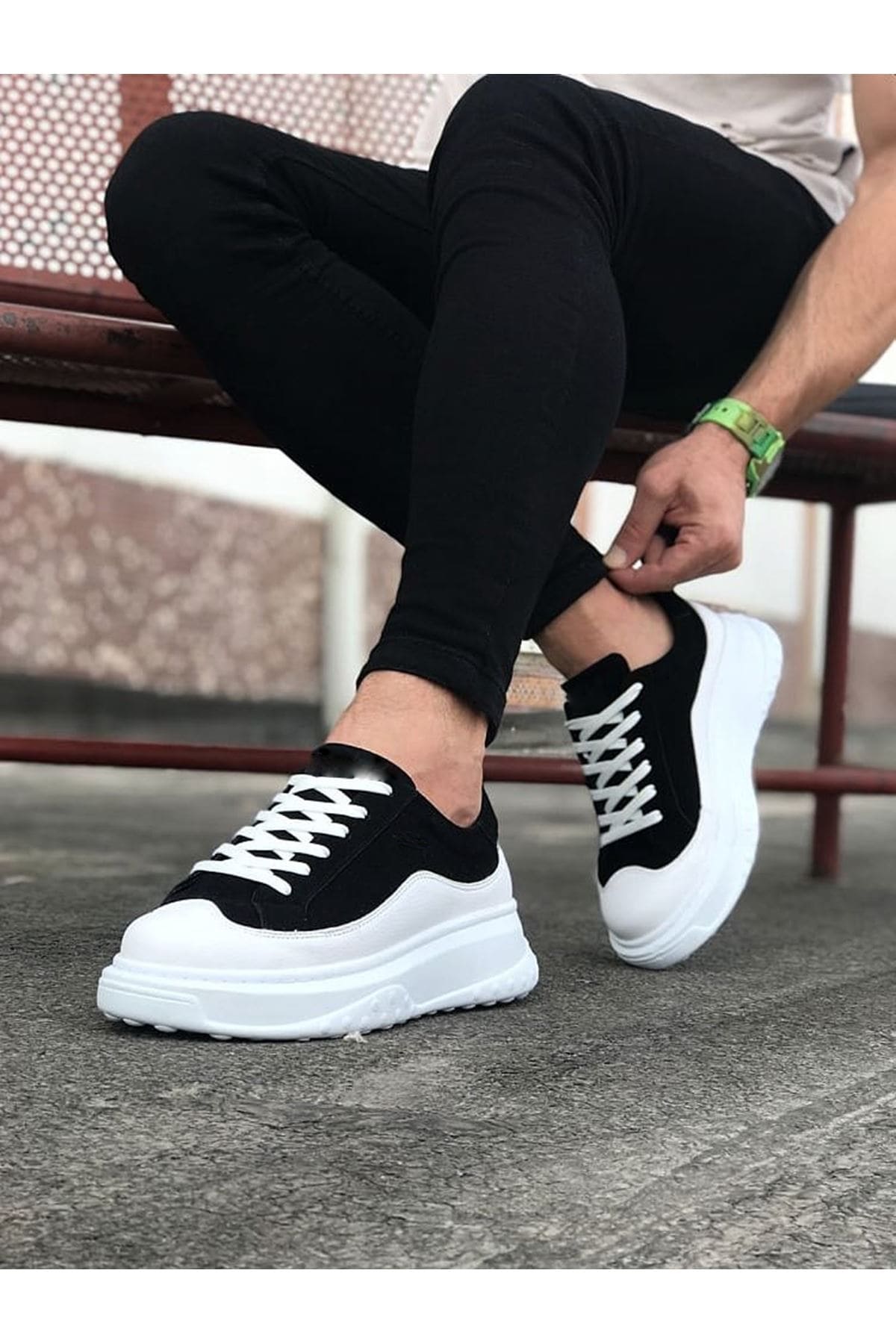 JY507 Alone Bağcıklı Süet Cilt Erkek Günlük Sneaker Ayakkabı SCBT Siyah/Beyaz