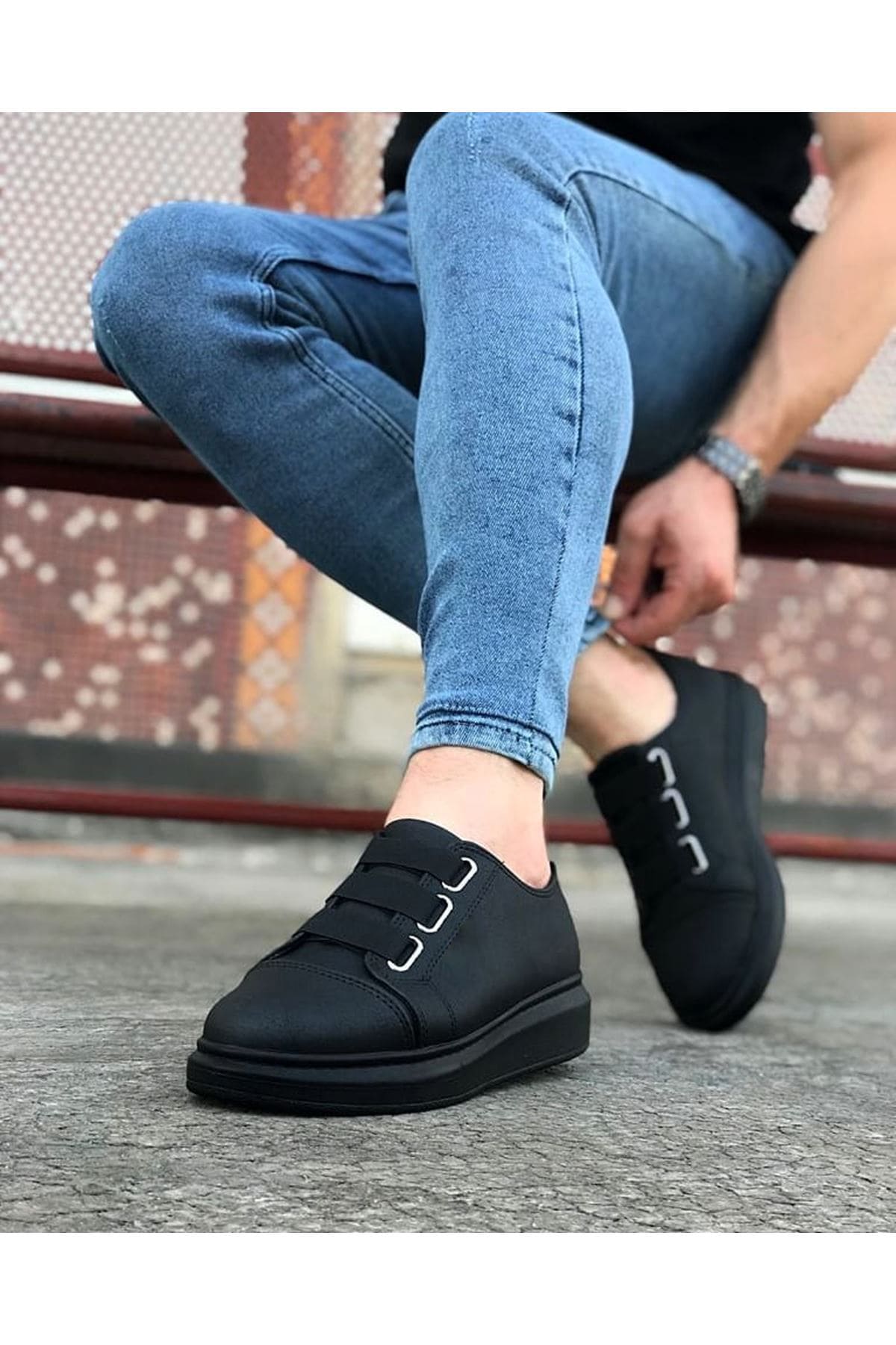 JY026 Astor Erkek Günlük Lastikli Cilt Spor Sneaker Ayakkabı CST - Siyah