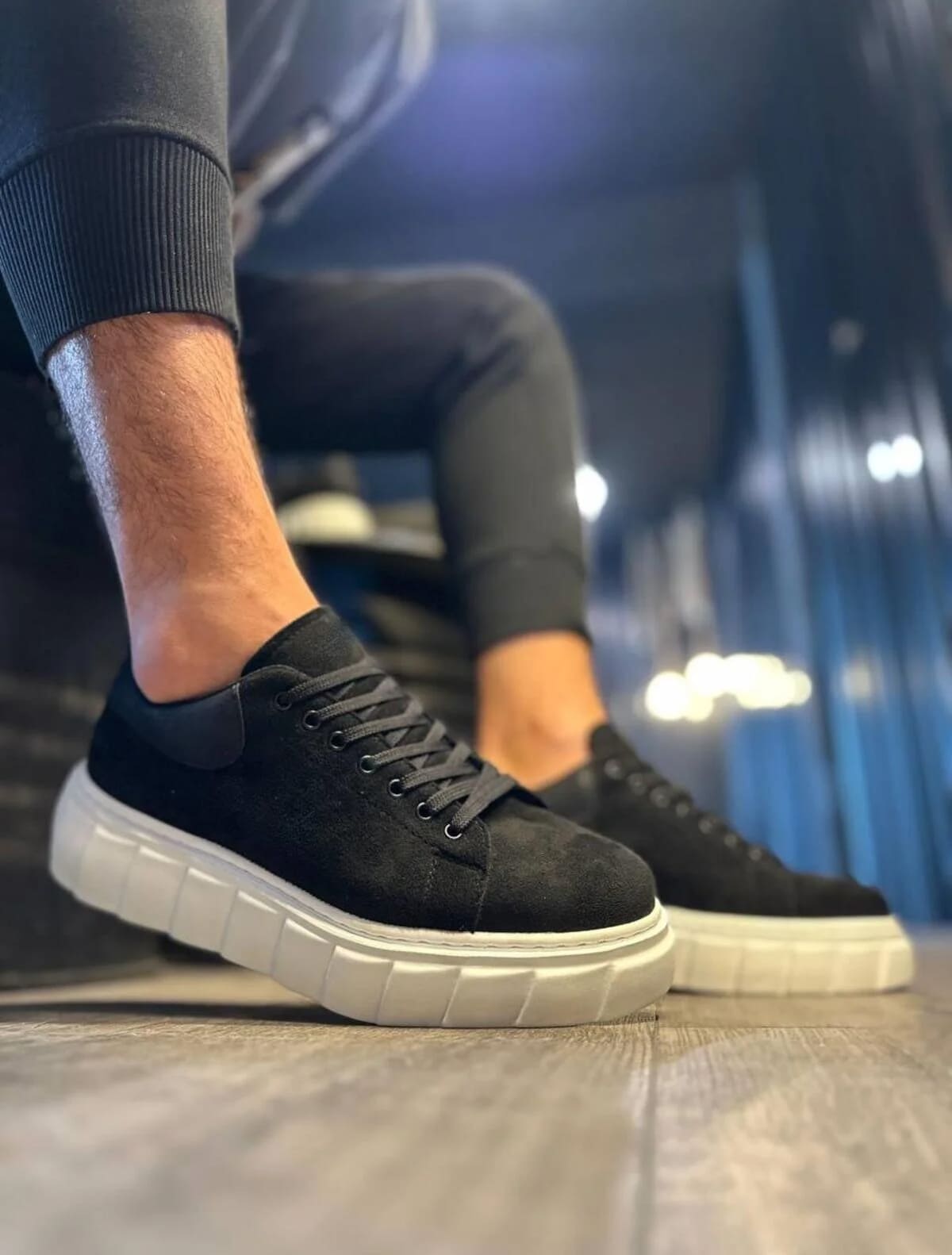 JY144 Volt Bağcıklı Süet Erkek Günlük Sneaker Yüksek Taban Ayakkabı SBT Siyah