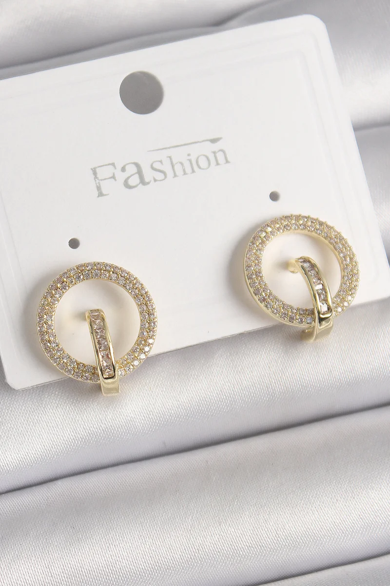 Pirinç Gold Renk Zirkon Taşlı Halka Model Kadın Küpe 5886