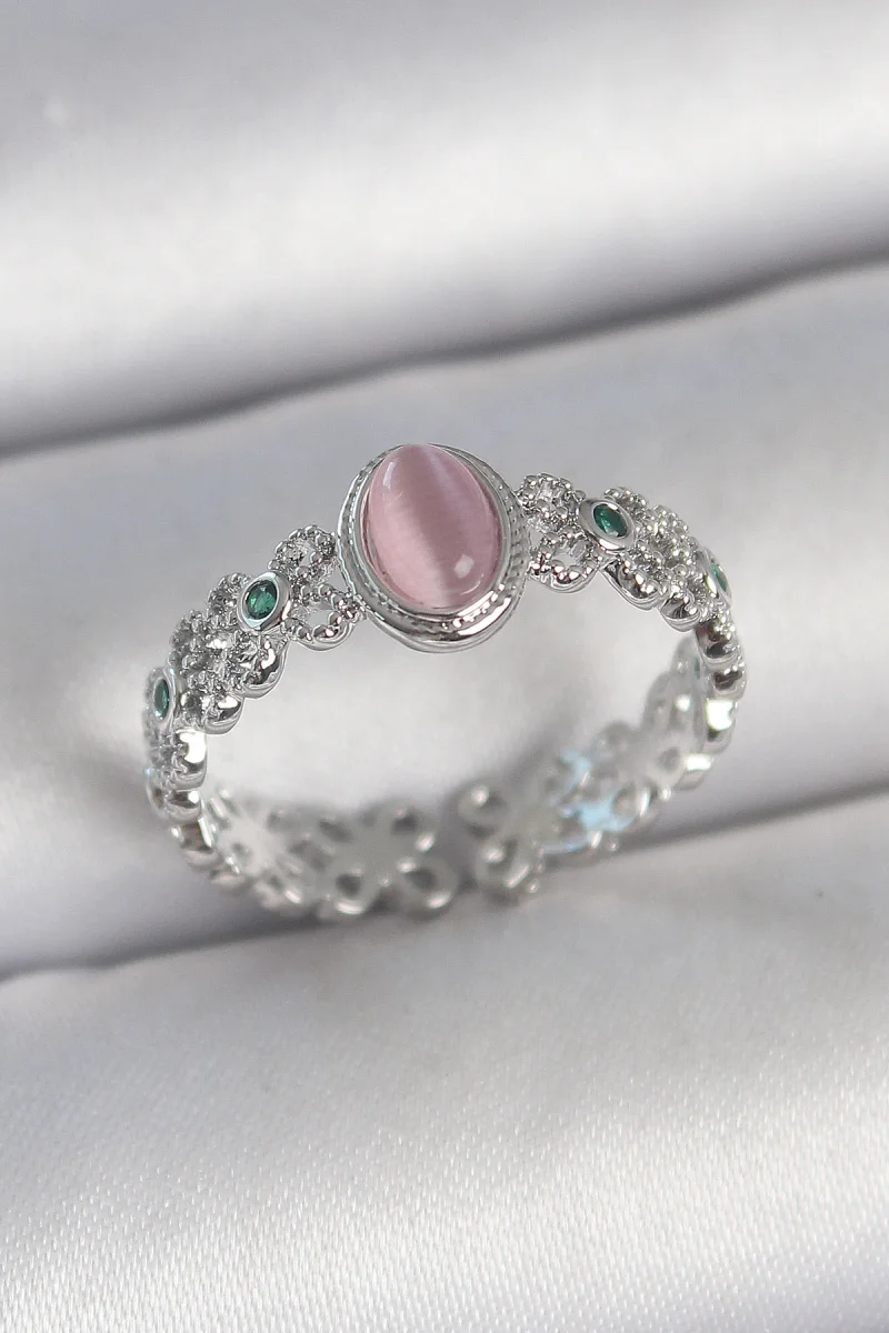 Pirinç Gümüş Renk Zirkon Taş Detaylı Pembe Mineli Damla Model Ayarlanabilir Kadın Yüzük 5886