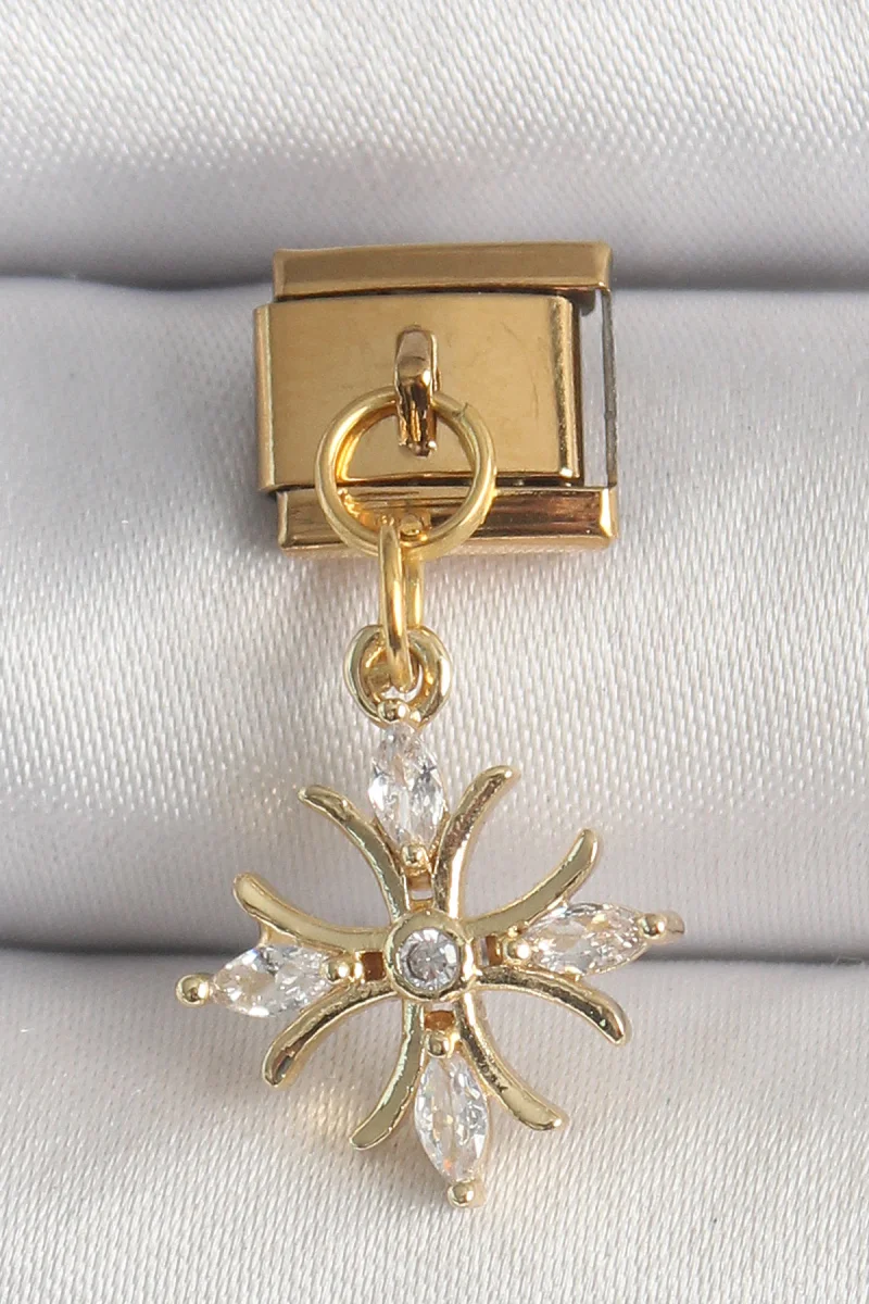316L Çelik Gold Renk Sallantı Zirkon Taşlı Kar Tanesi Model Nomination Charm 5886
