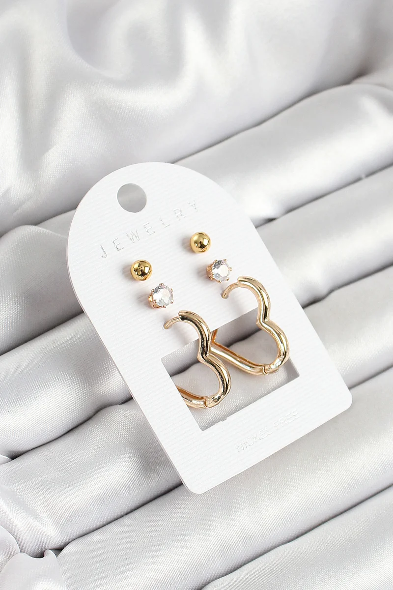 Pirinç Zirkon Taş Ve Kalp Figürlü Gold Renk 3'lü Çift Kadın Küpe Set 5886