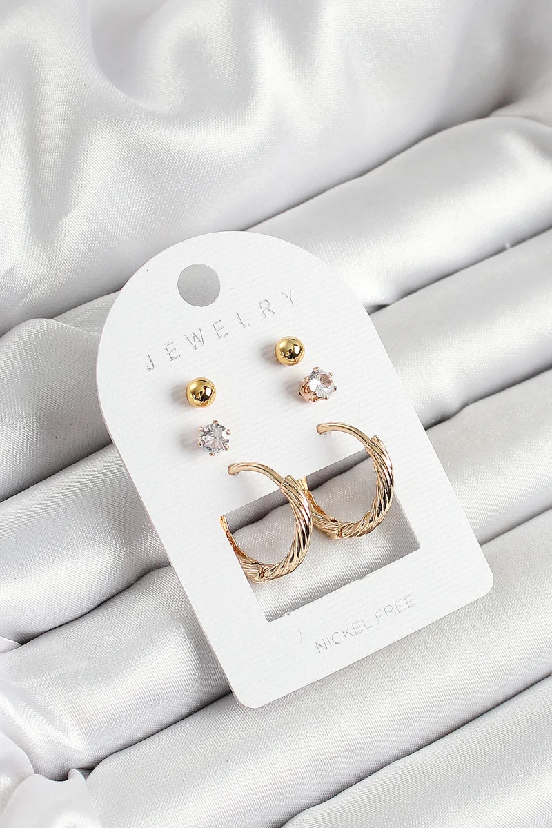 Pirinç Zirkon Taş Ve Halka Figürlü Gold Renk 3'lü Çift Kadın Küpe Set 5886