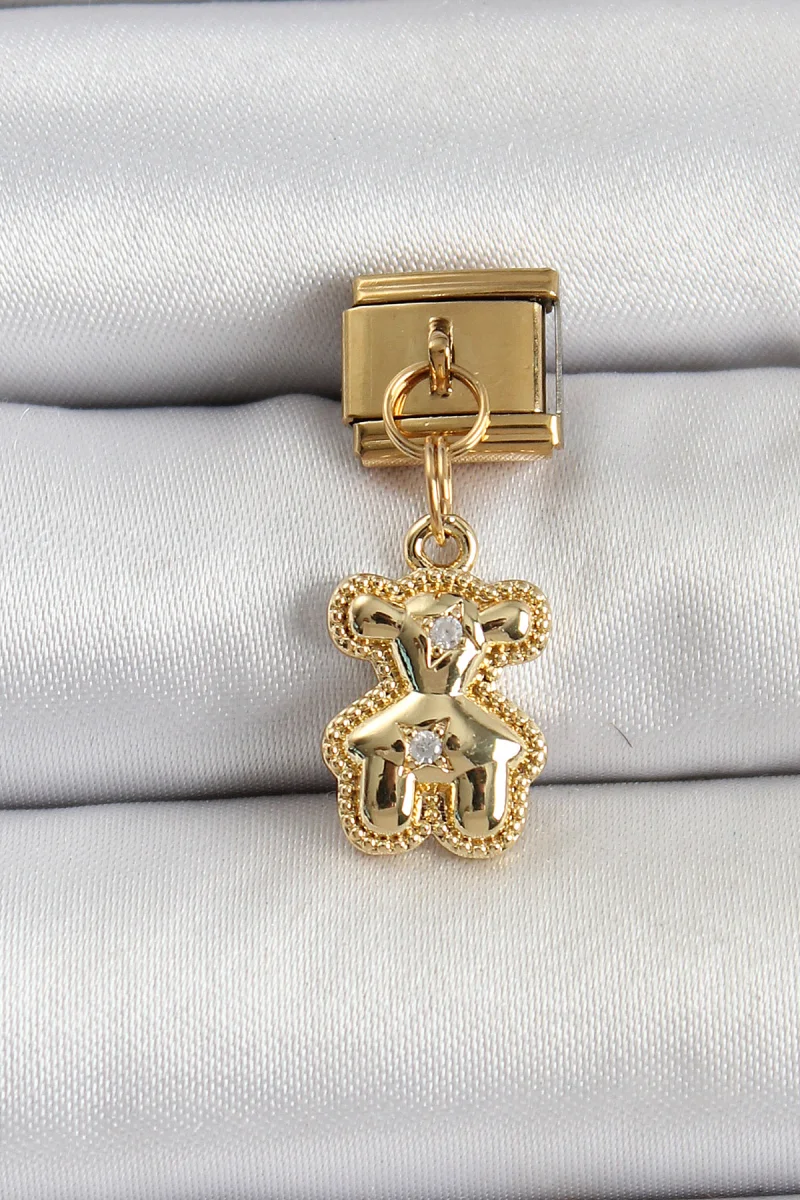 316L Çelik Sallantılı Zirkon Taşlı Ayıcık Model Gold Renk Nomination Charm 5886