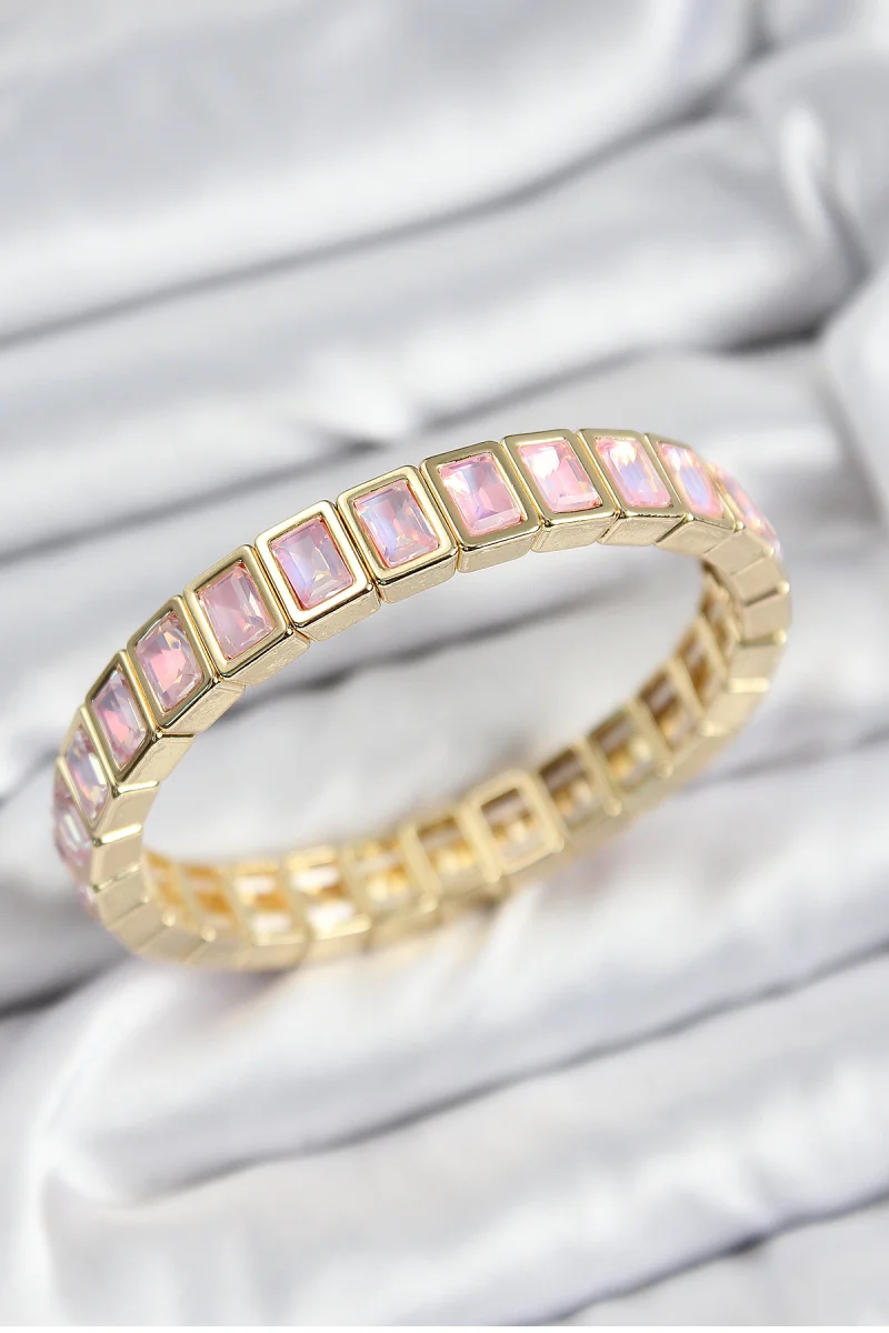 Pirinç Pembe Zirkon Taşlı Dikdörtgen Model Gold Renk Lastikli Kadın Bileklik 5886