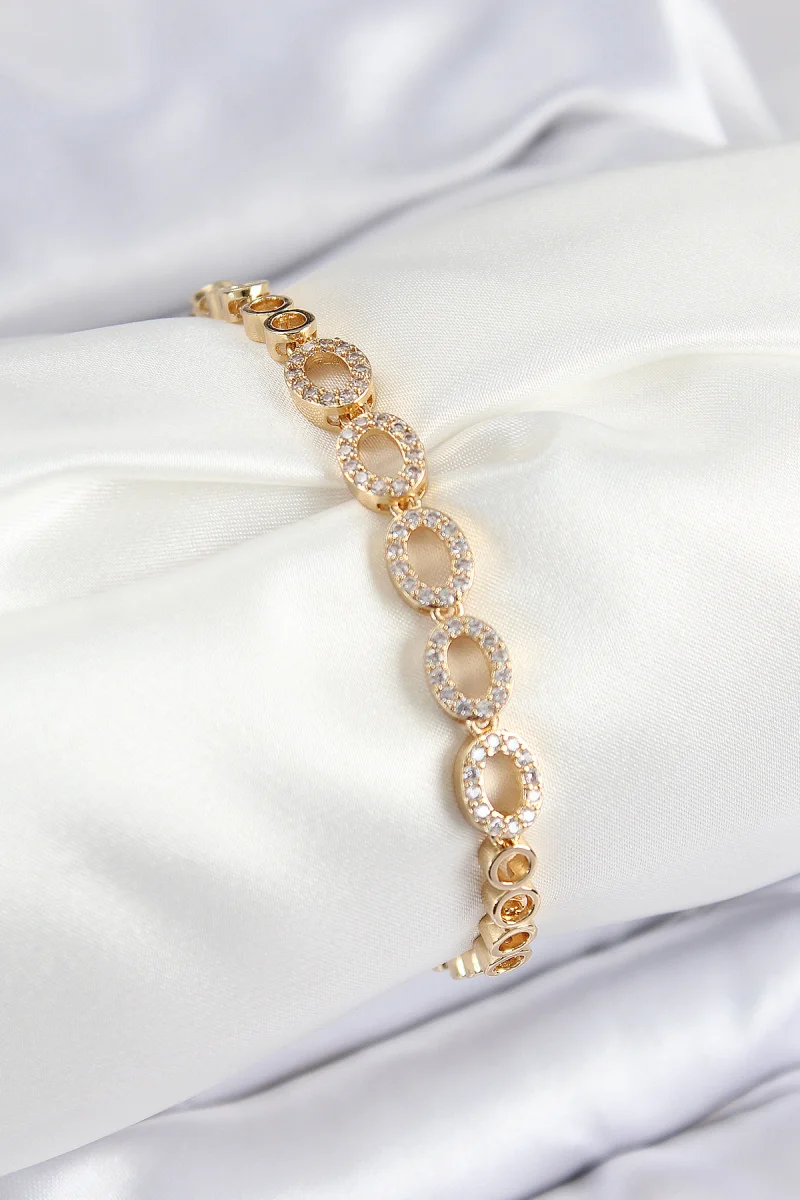 Pirinç Zirkon Taşlı Oval Model Gold Renk Kadın Bileklik 5886