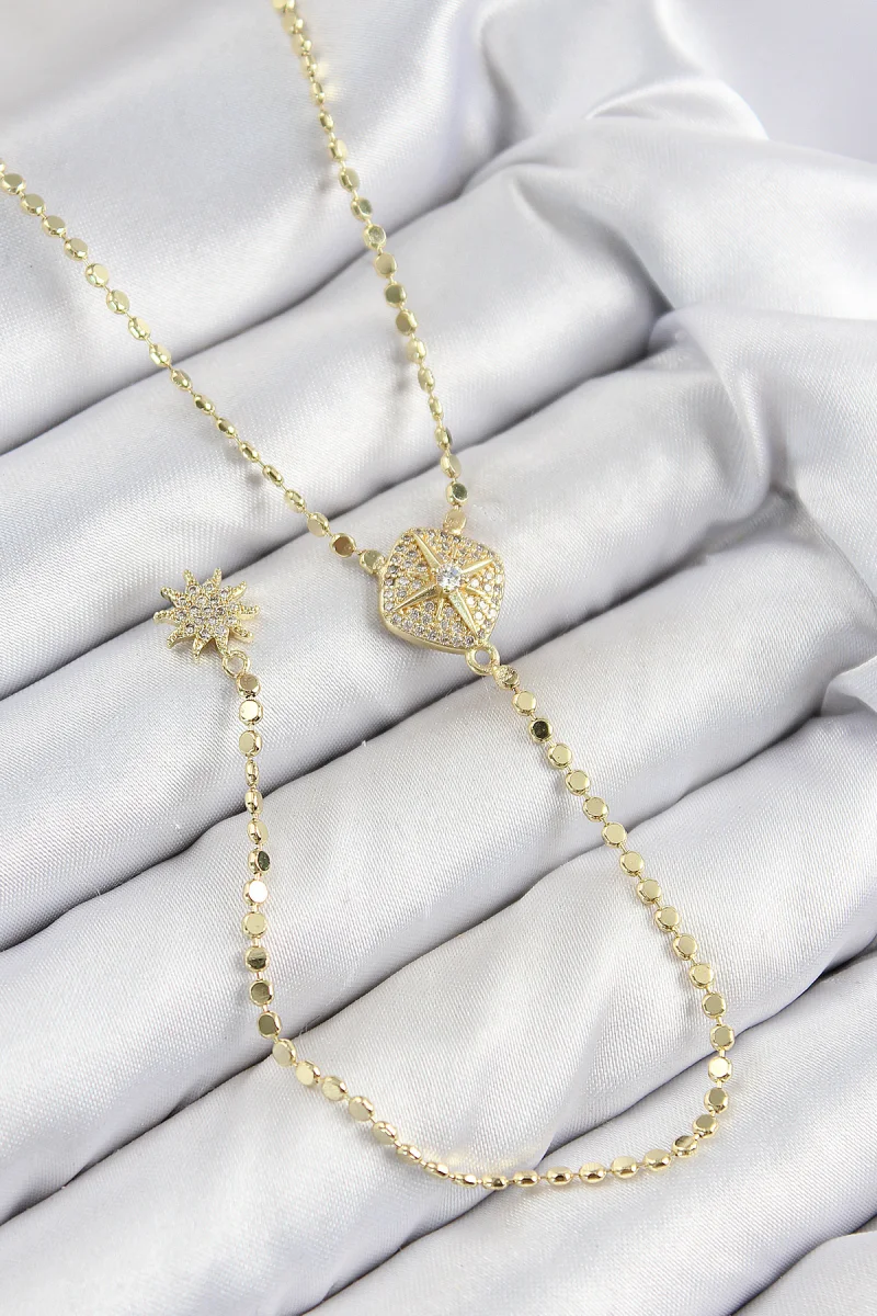 Pirinç Zirkon Taşlı Ezme Zincirli Madalyon Model Gold Renk Y Kolye 5886