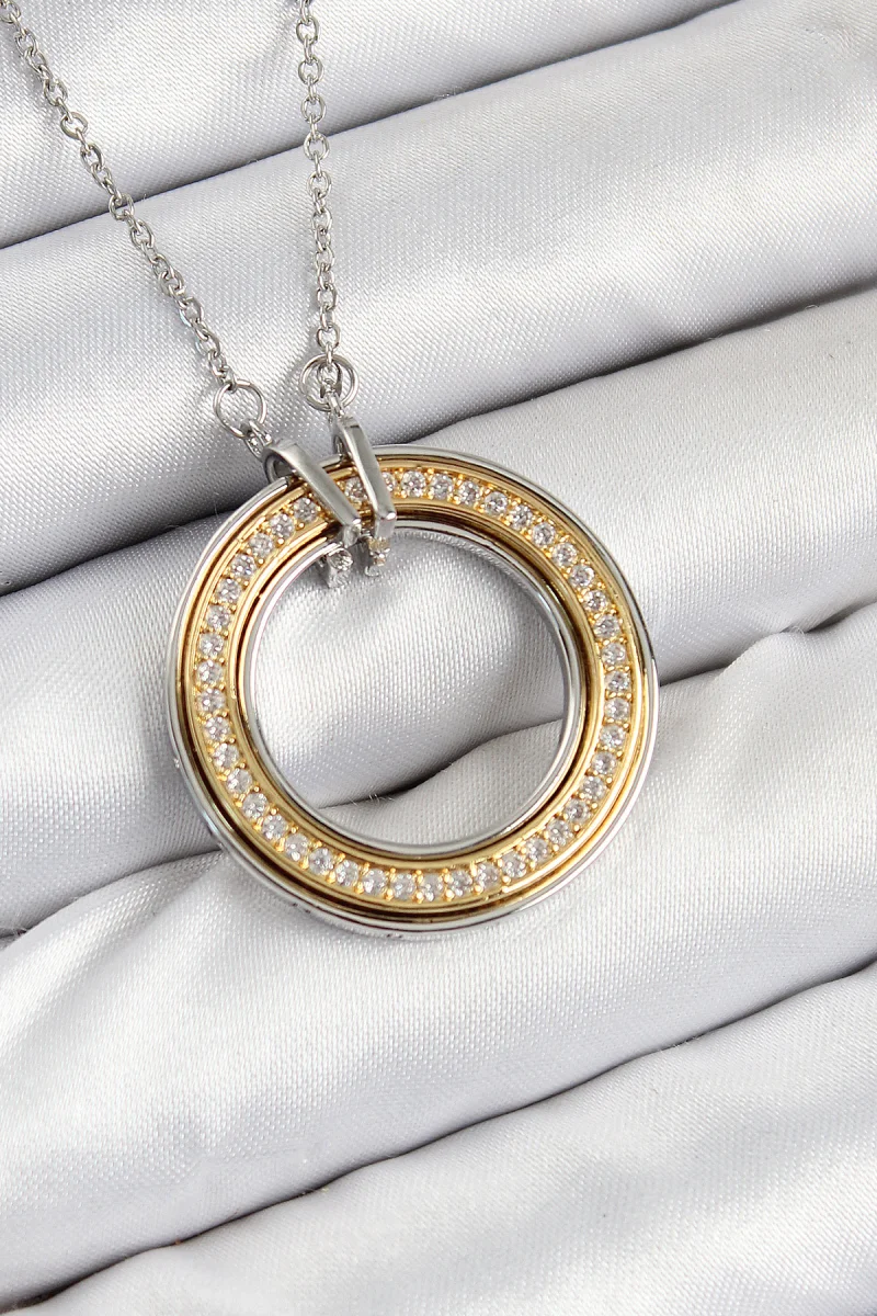 316L Çelik Zirkon Taşlı Dönen Daire Model Gold Ve Gümüş Renk Kadın Kolye 5886
