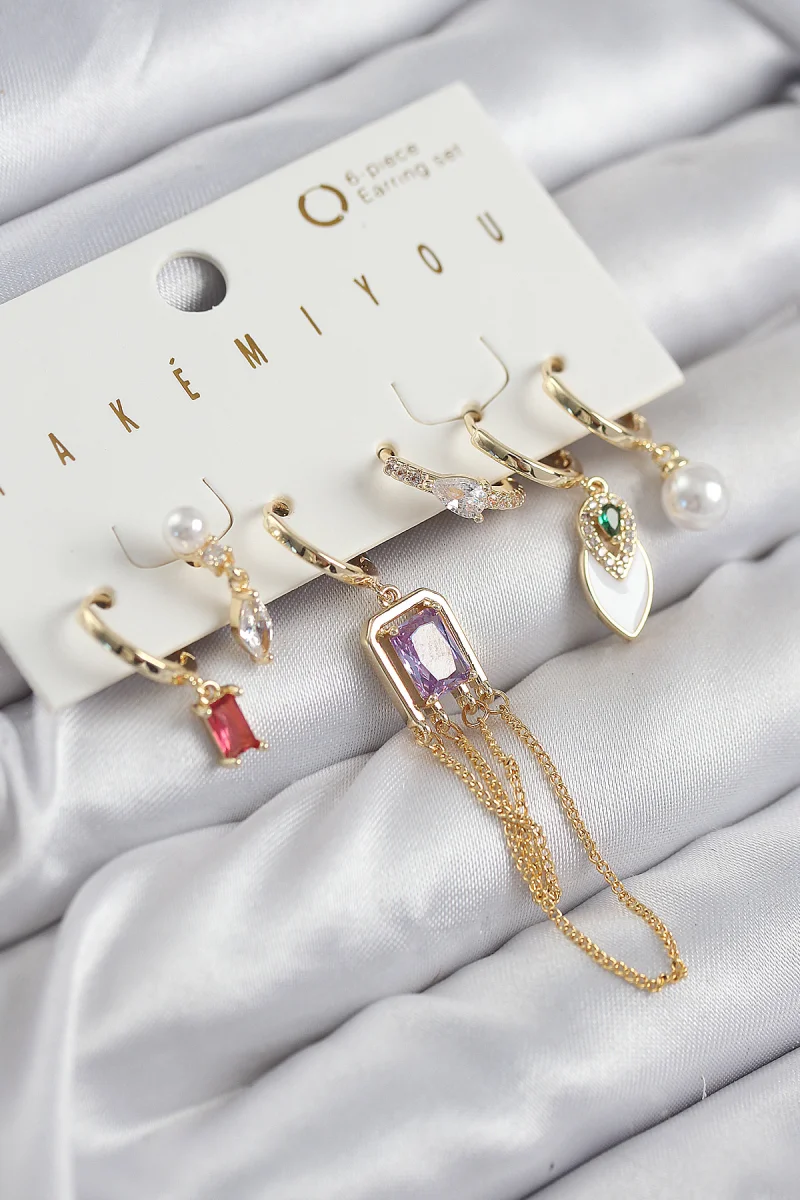 Pirinç Zirkon Taşlı Sallantılı Ve İncili Gold Renk 6'lı Küpe Set 5886