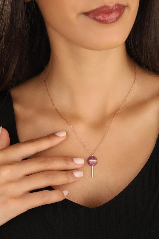 Pembe Taşlı Lolipop Şeker Gümüş Kolyesi