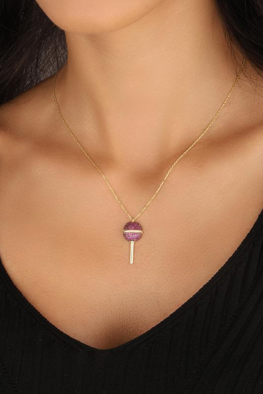 Pembe Taşlı Lolipop Şeker Gümüş Kolyesi