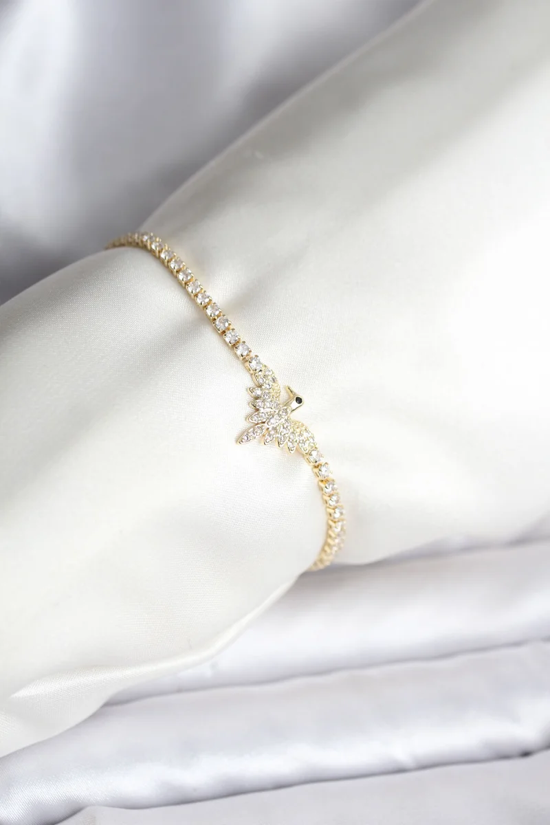 Anka Kuşu Model Zirkon Taşlı Gold Renk Pirinç Su Yolu Kadın Bileklik 5886