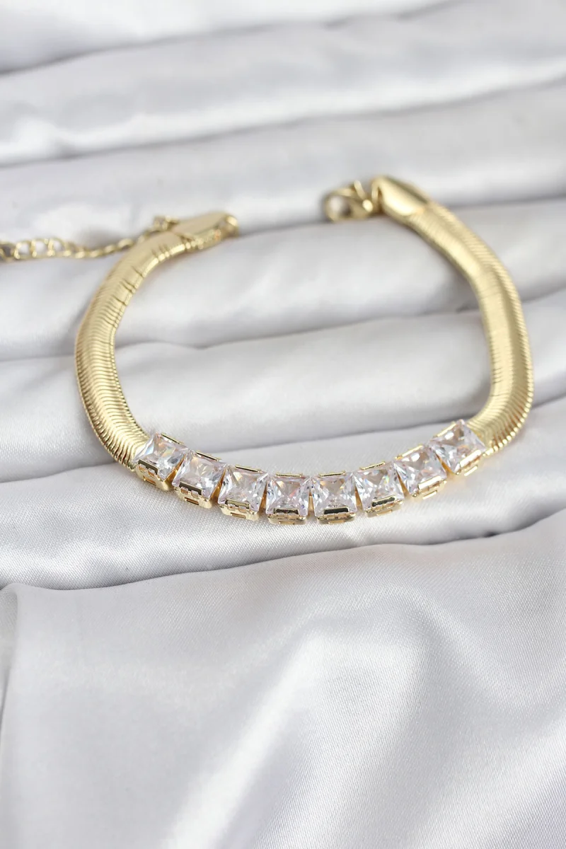 316L Çelik Gold Renk Kare Zirkon Taşlı Yılan Zincirli Kadın Bileklik 5886