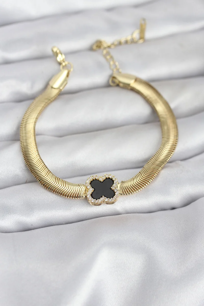 316L Çelik Gold Renk Siyah Yonca Model Zirkon Taşlı Yılan Zincirli Kadın Bileklik 5886
