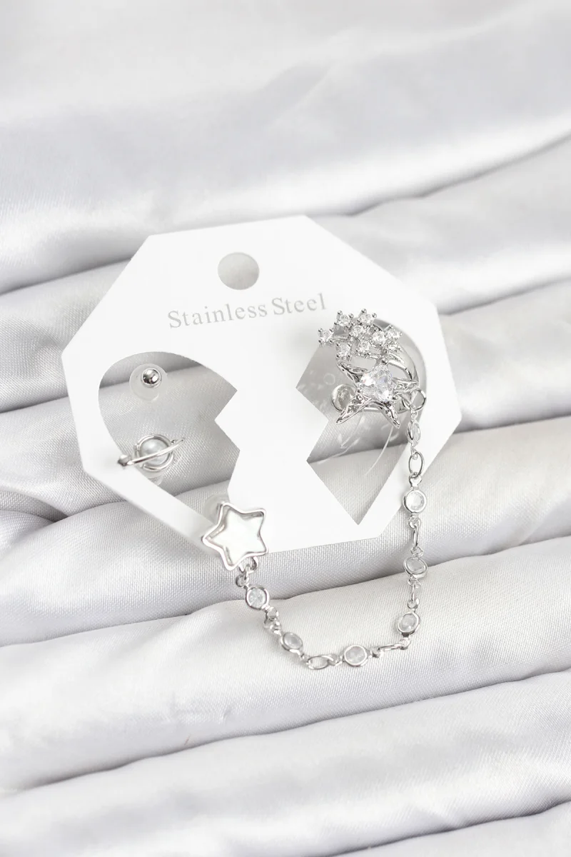 Pirinç Gümüş Renk Yıldız Model Zincir Bağlantılı Ear Cuff Küpe Seti 5886