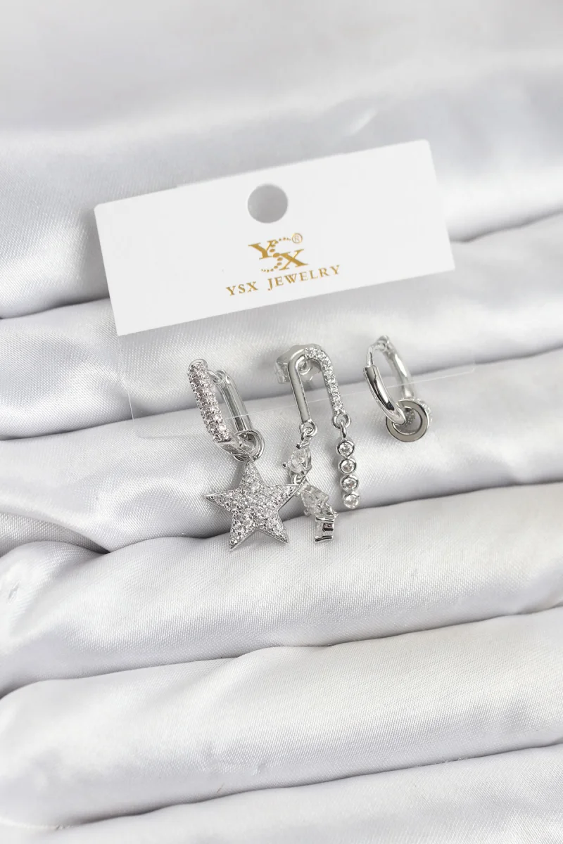 Pirinç Gümüş Renk Zirkon Taşlı Yıldız Vintage Model YSX Trio Küpe Seti 5886