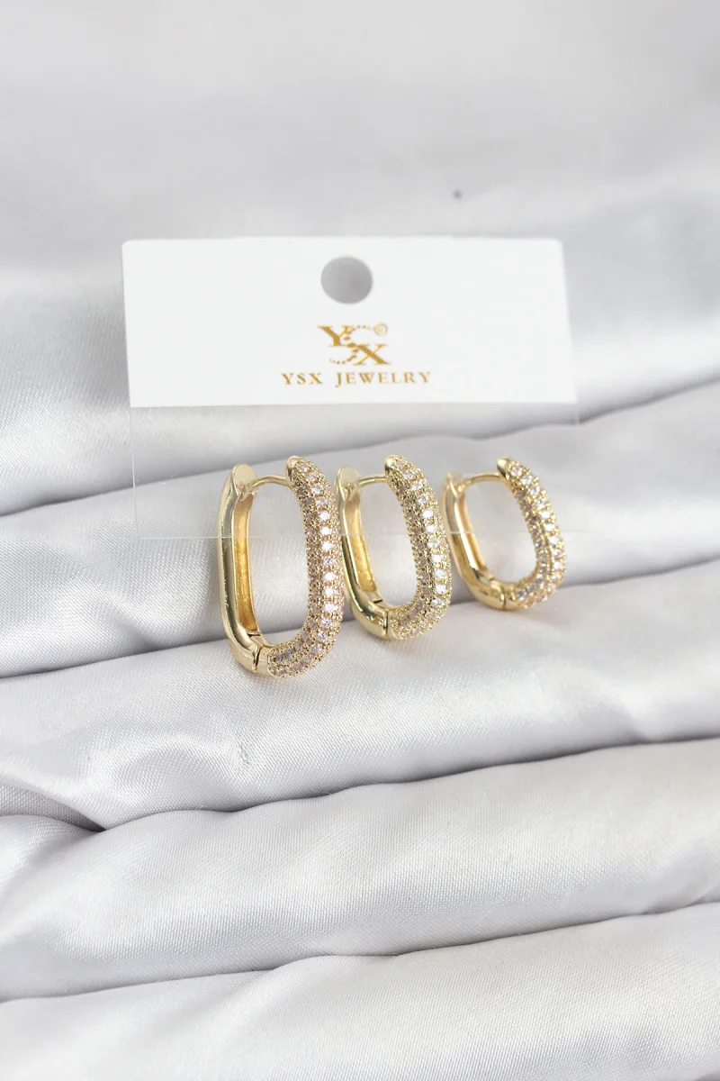 Pirinç Gold Renk Zirkon Taşlı Halka Model YSX Trio Küpe Seti 5886