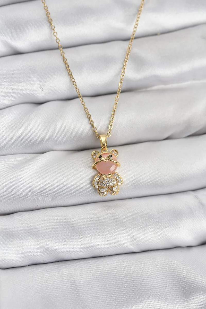 316L Çelik Zincir Gold Renk Teddy Bear Model Zirkon Taşlı Kadın Kolye 5886