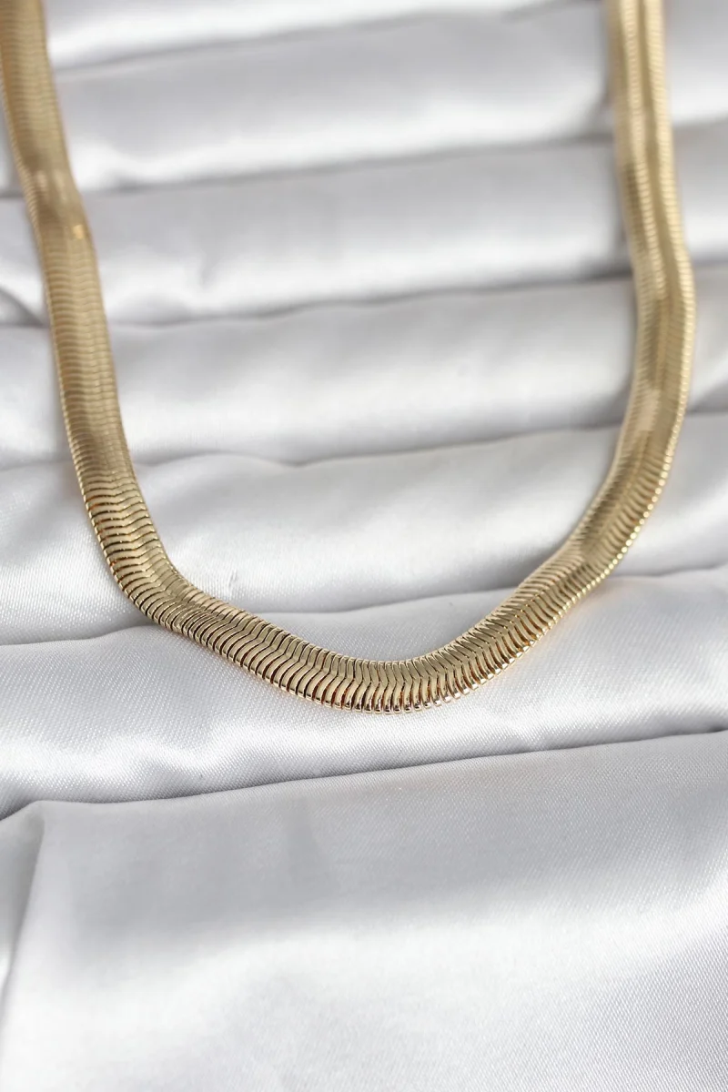 CM 14K Gold Renk Kalın Yassı Yılan Zincir Model 45 cm Kadın Kolye 5886